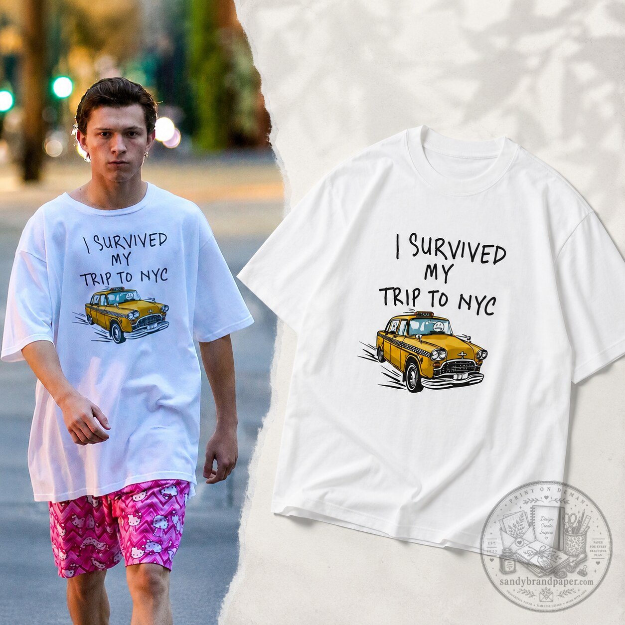 "Shop Tom Holland NYC Tee: Vintage Yellow Cab Graphic Shirt" 2 Tom Holland I Survived My Trip To NYC – Web-Slinger City Tee, Vintage Yellow Cab Graphic T Shirt