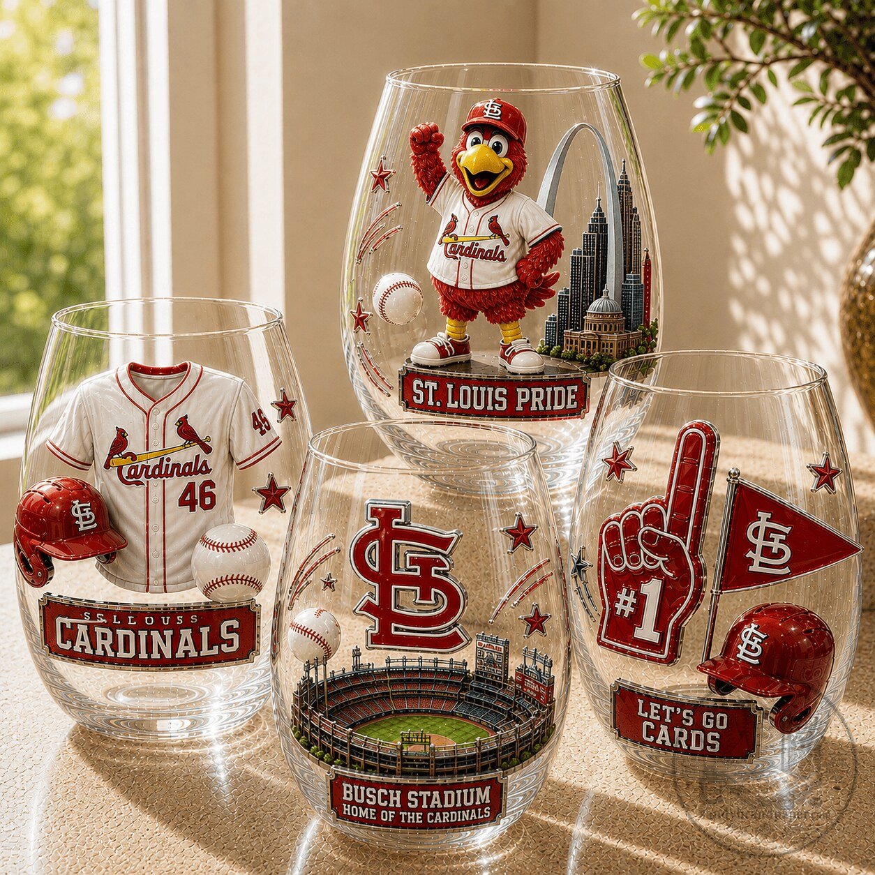 St. Louis Cardinals Baseball Team Stemless Wine Glass Set