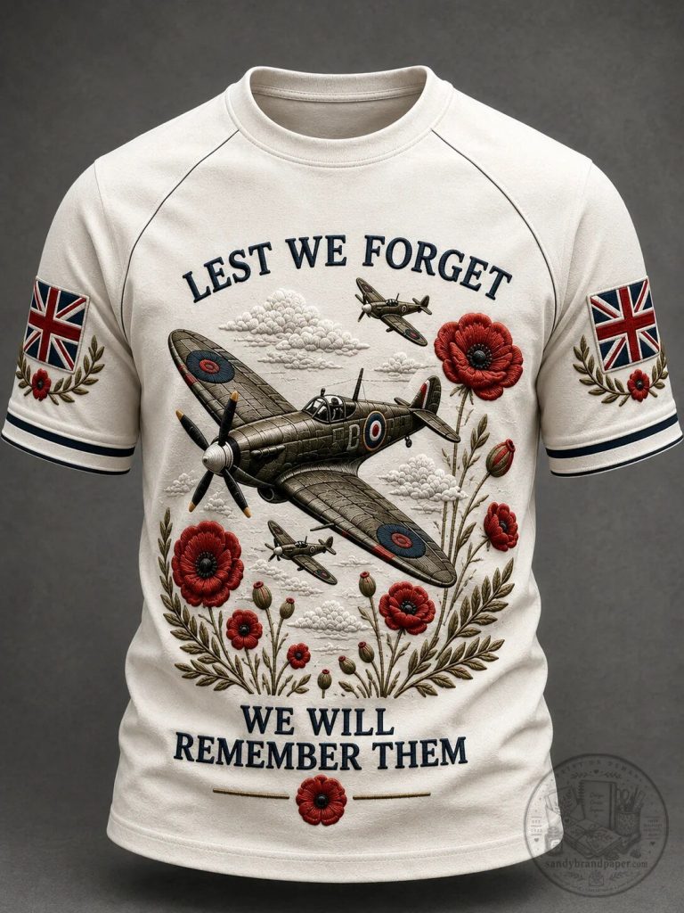 Lest We Forget Remembrance Day Spitfire Plane Poppy Flower T-Shirt