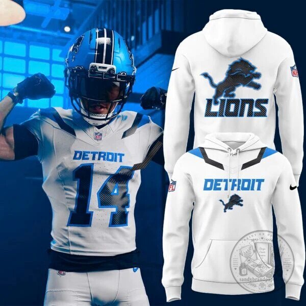 Detroit Lions Football Team White and Blue Fan Apparel Hoodie
