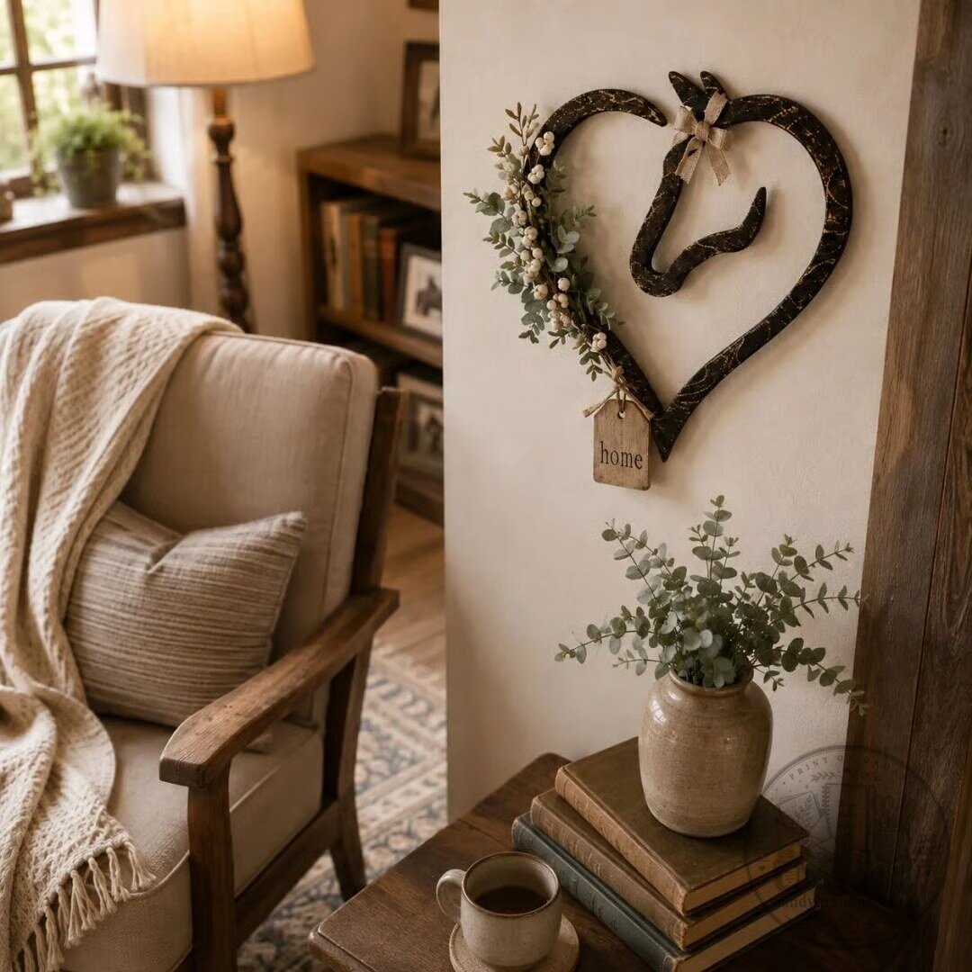 Rustic Horse Head Heart Wall Decor with Greenery, Farmhouse Equestrian Home Accent
