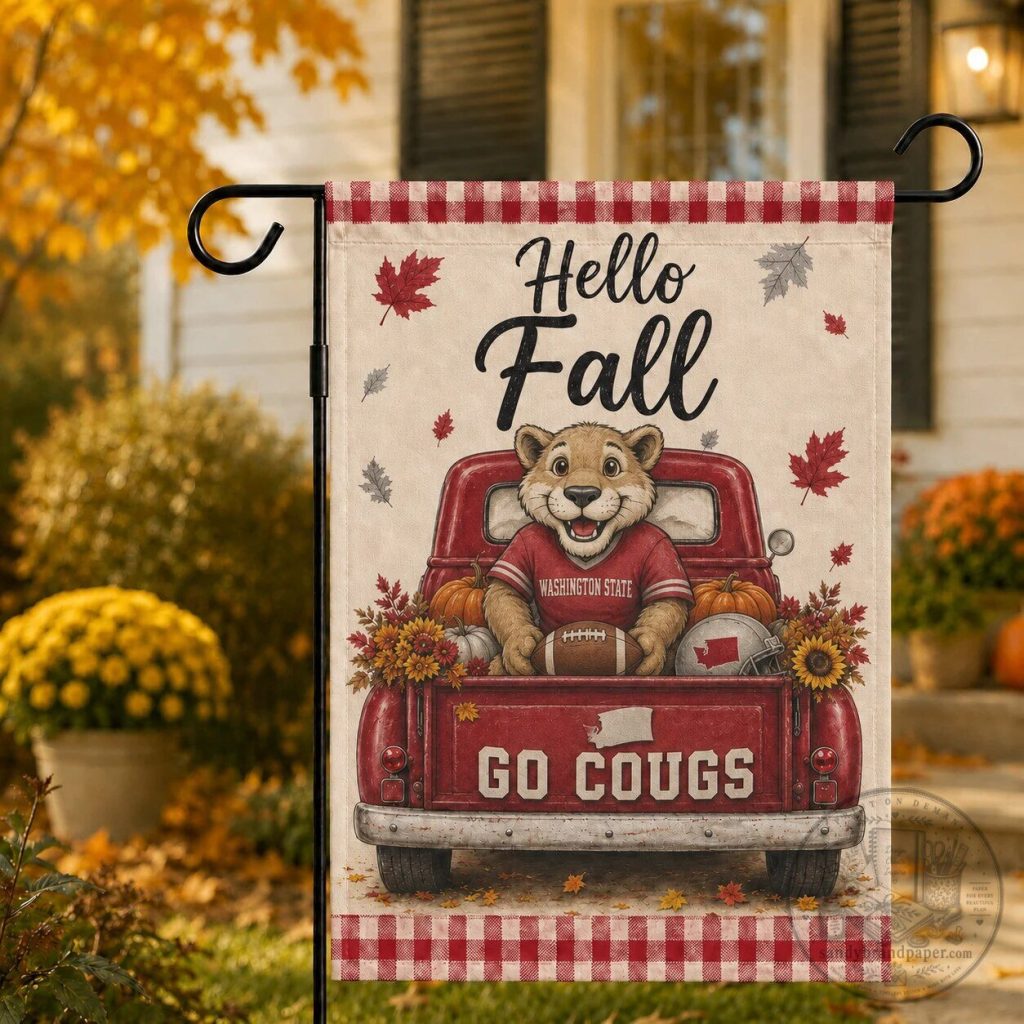 Washington State Cougars Butch T. Cougar Hello Fall Garden Flag Washington State Cougars Butch T. Cougar Hello Fall Garden Flag
