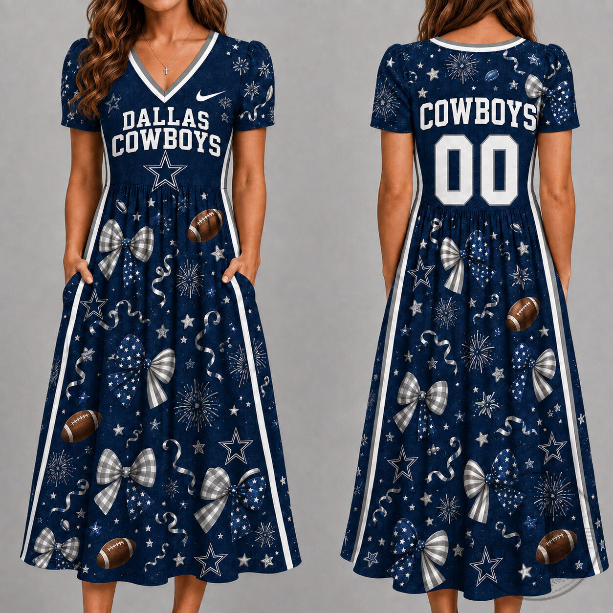 Dallas Cowboys Football Team Game Day Bow V-Neck Short Sleeve Dress