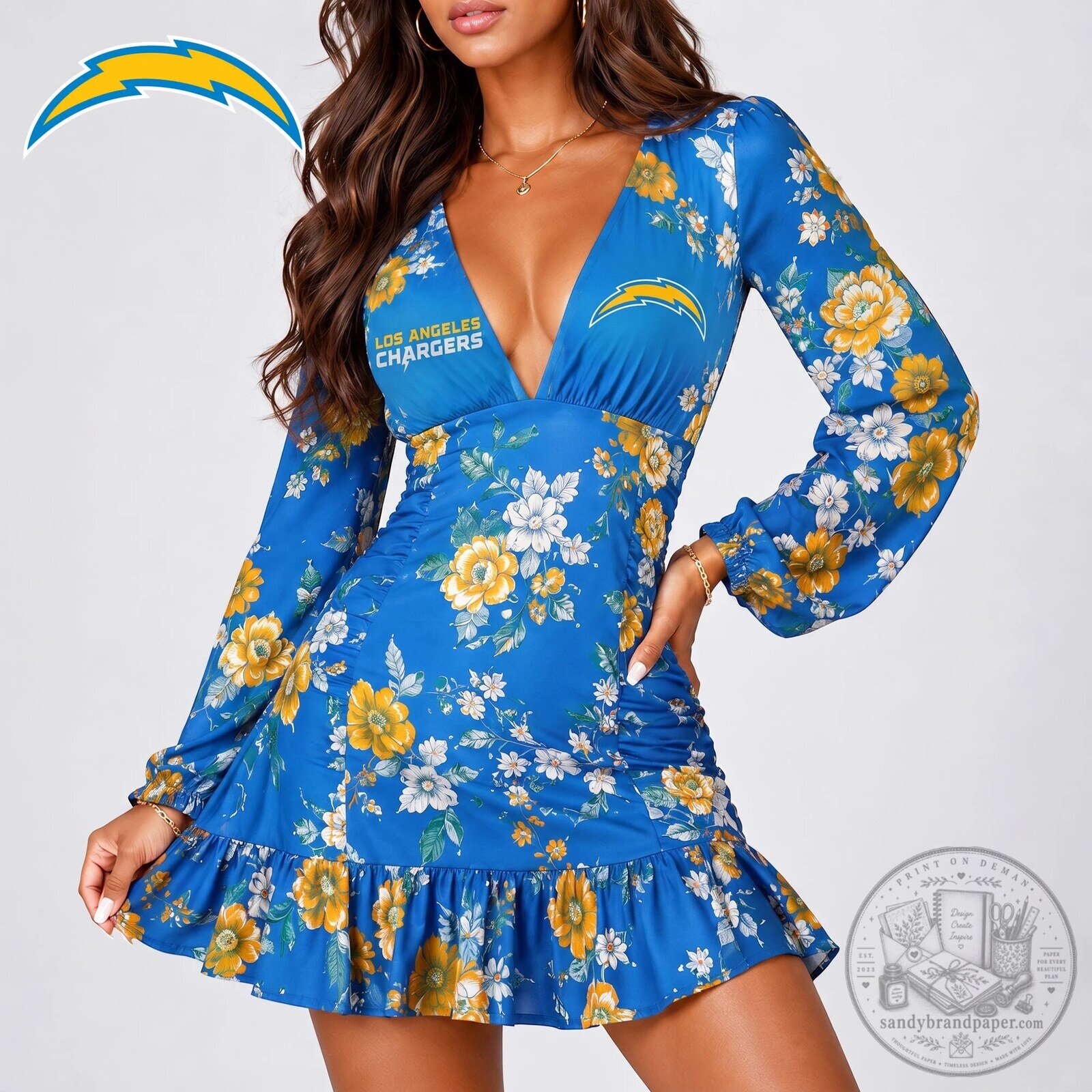 Los Angeles Chargers Floral Print Long Sleeve V-Neck Ruffle Dress
