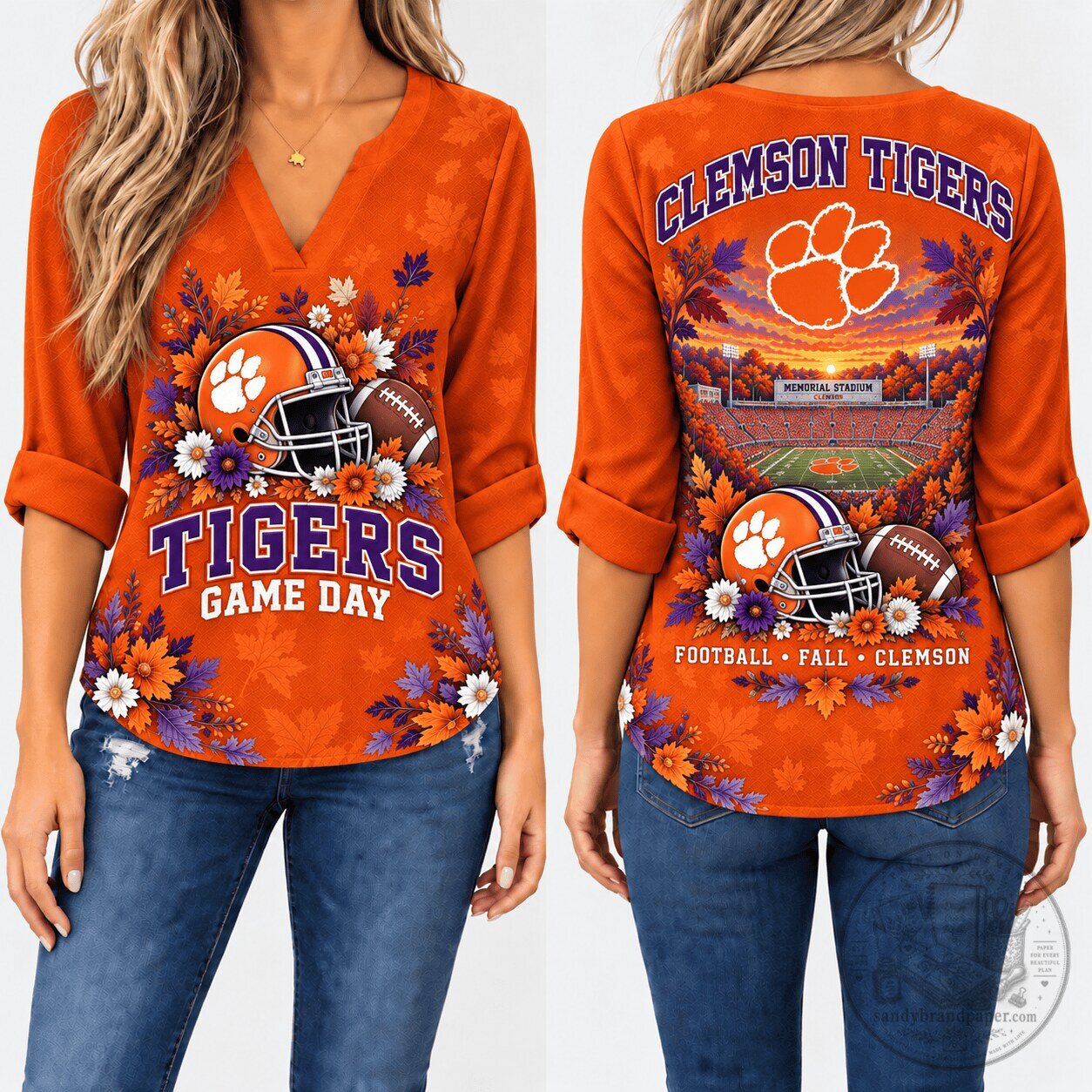 Clemson Tigers Game Day Football Autumn Leaves Long Sleeve V-Neck Shirt