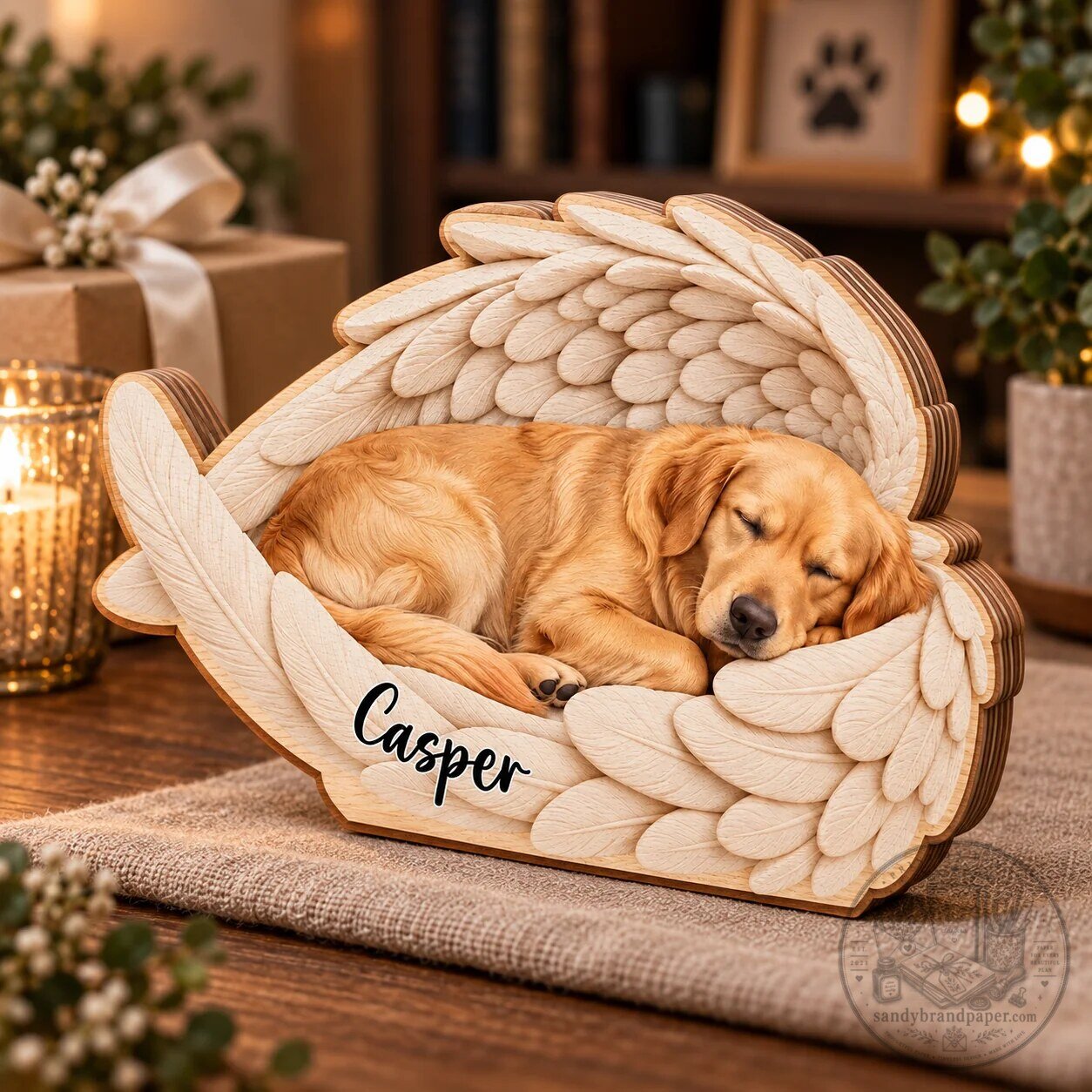 Custom Pet Photo Sleeping Angel Wings Memorial Wooden Block