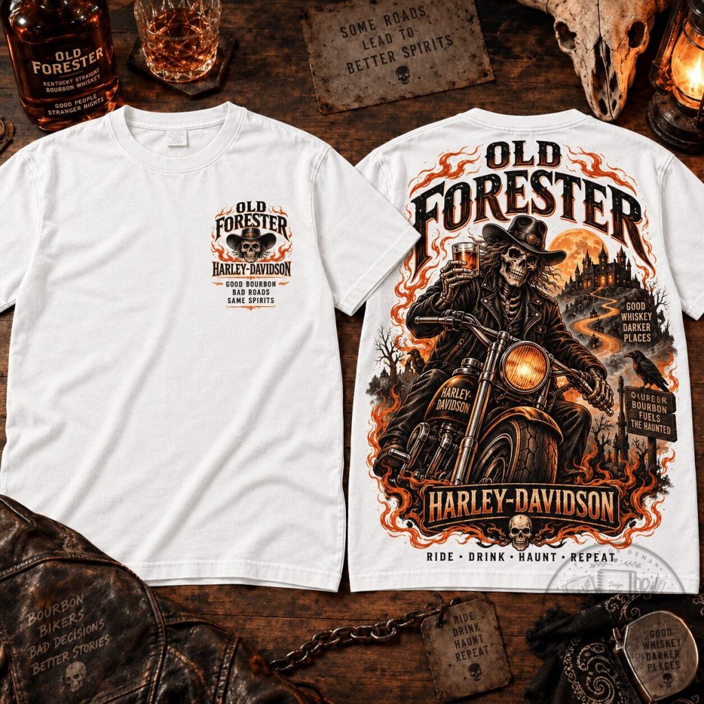Harley Davidson Old Forester Bourbon Skeleton Rider Graphic T-Shirt Harley Davidson Old Forester Bourbon Skeleton Rider Graphic T-Shirt