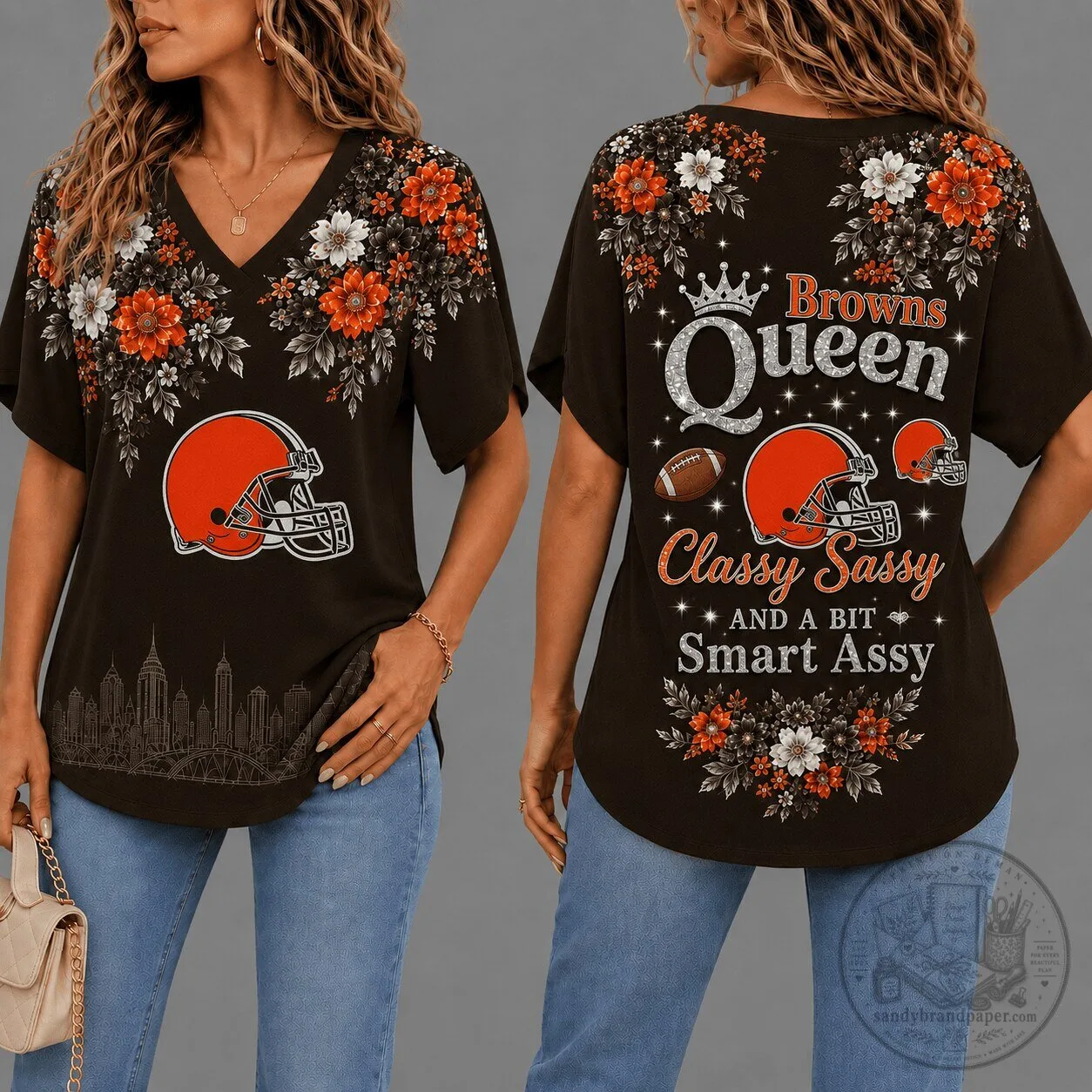Cleveland Browns Shirt for Women, Classy Sassy Queen Floral V-neck T-Shirt