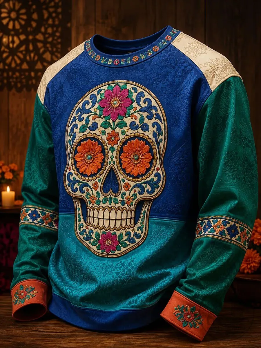 Day of the Dead Sugar Skull Floral Pattern Crew Neck Sweatshirt