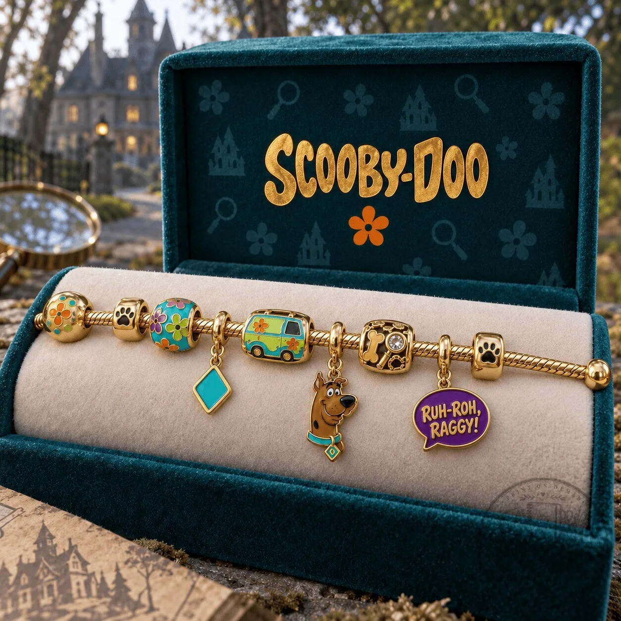 Scooby-Doo Mystery Machine Gold Charm Bracelet with Shaggy and Scooby