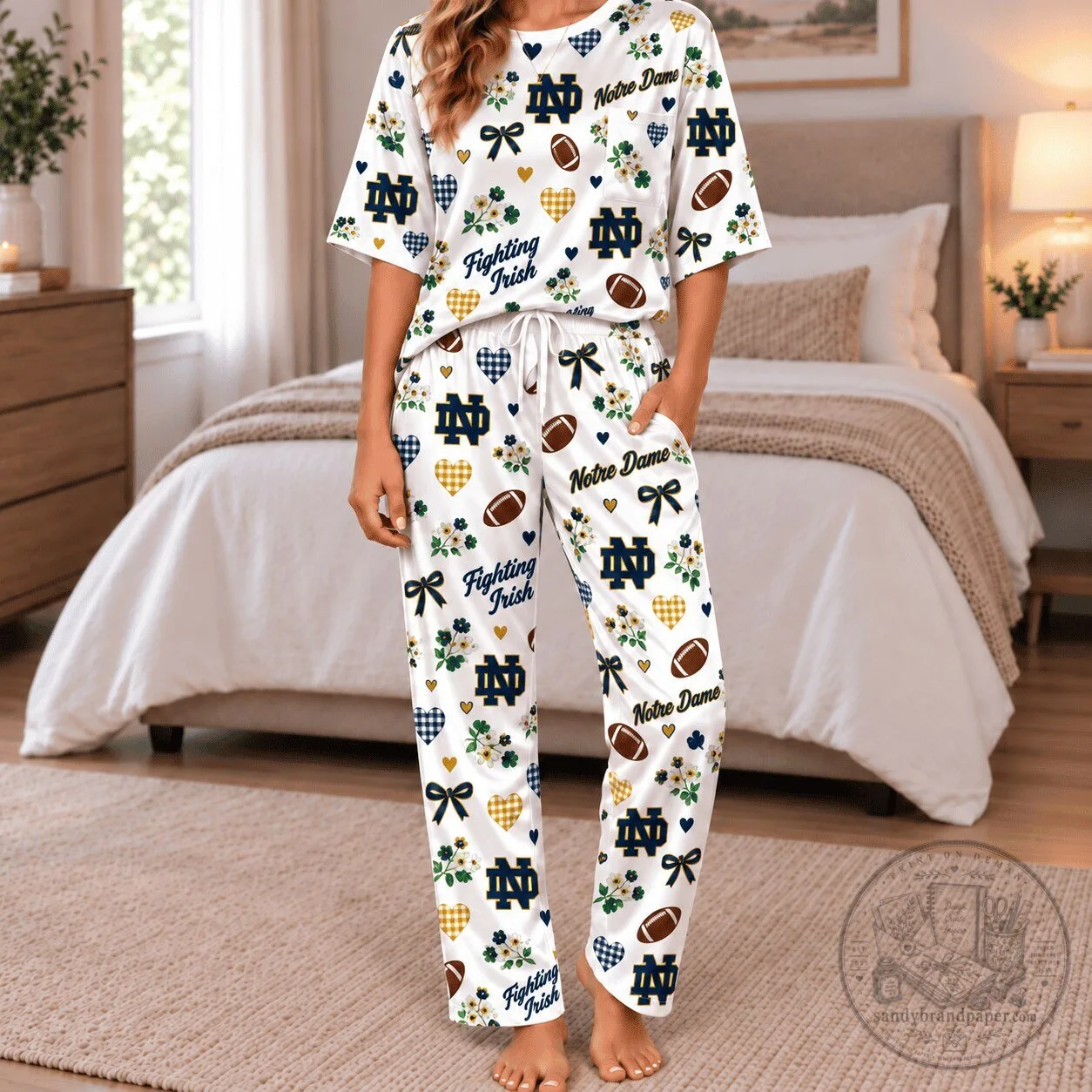Women's Pajama Set with Notre Dame Fighting Irish Football Team Pattern