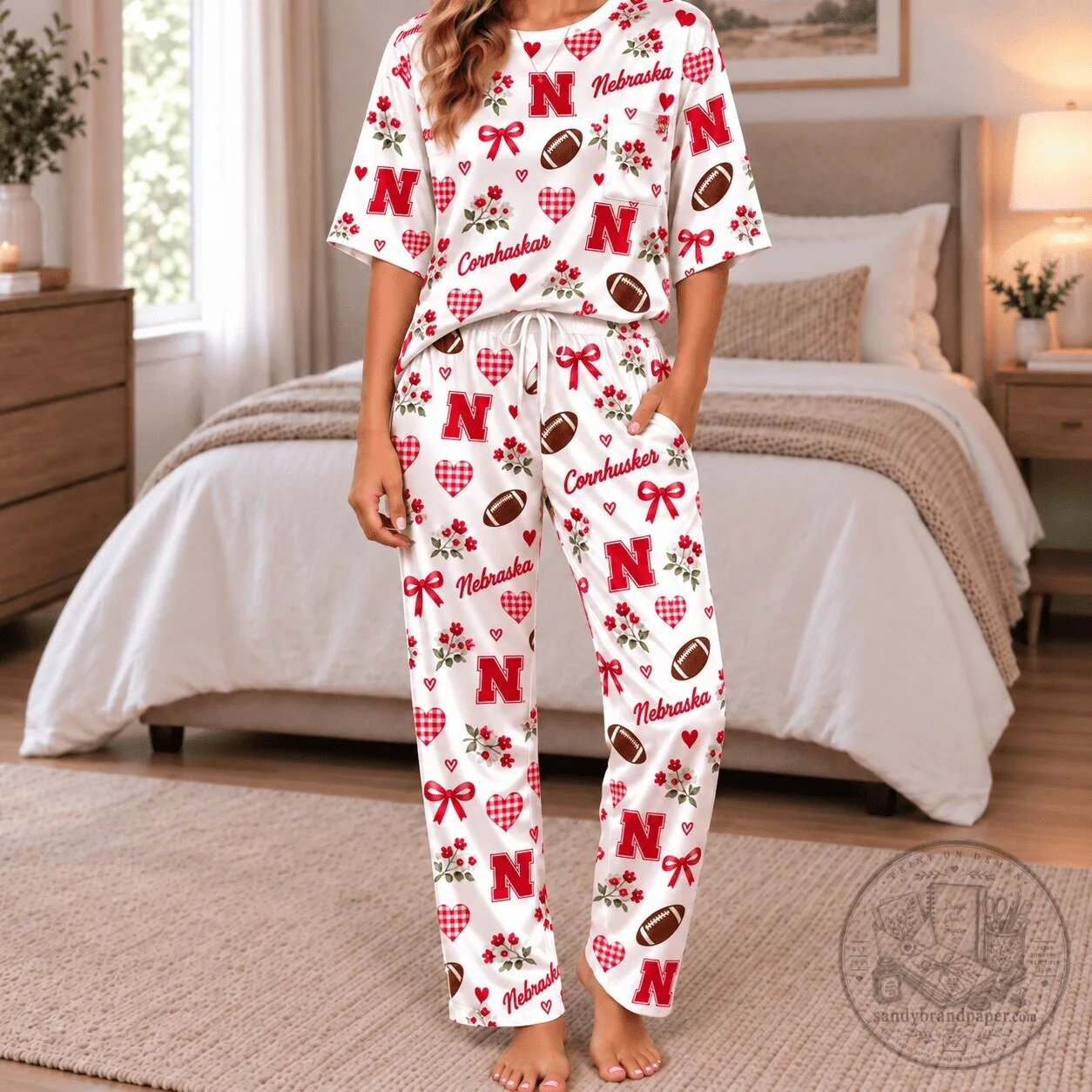 Women's Silky Satin Pajamas Set with Nebraska Cornhuskers Football Design