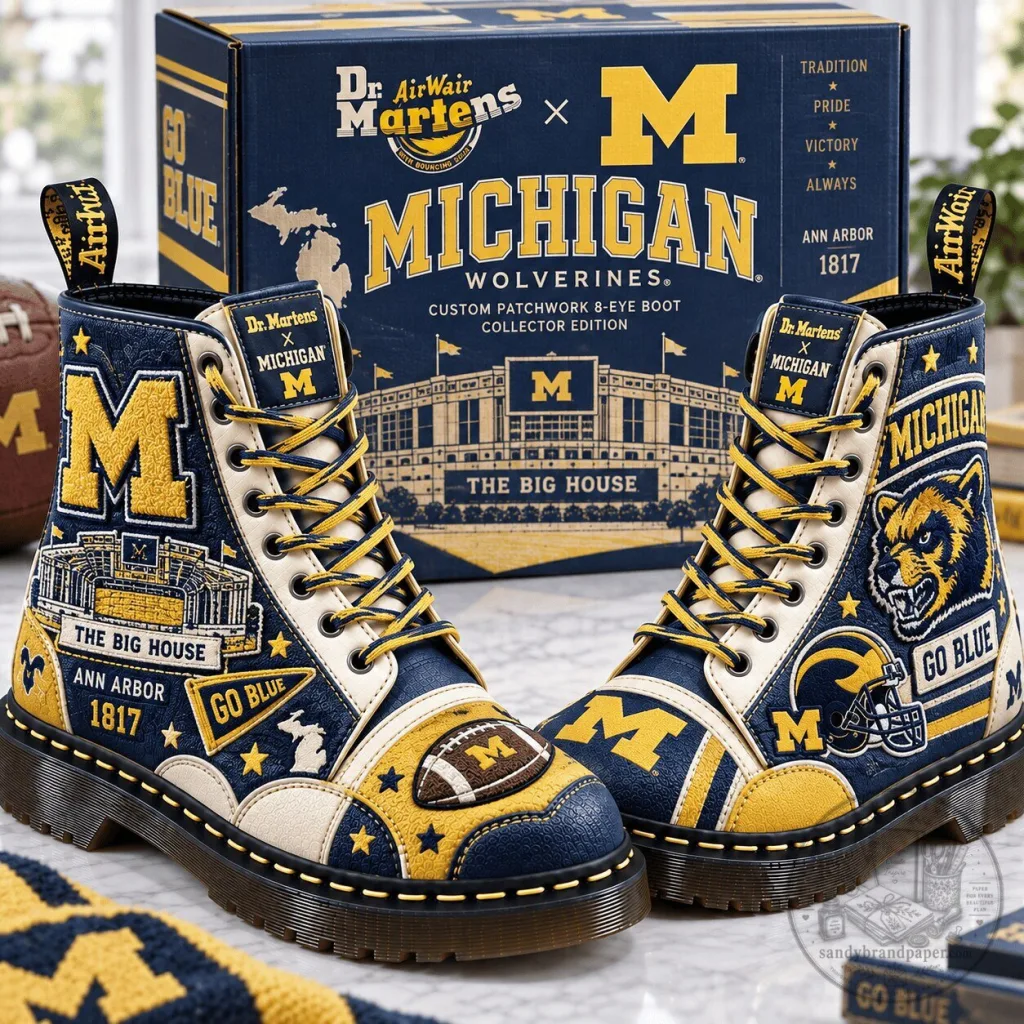 University of Michigan Wolverines Dr. Martens Custom Patchwork 8-Eye Boots University of Michigan Wolverines Dr. Martens Custom Patchwork 8-Eye Boots
