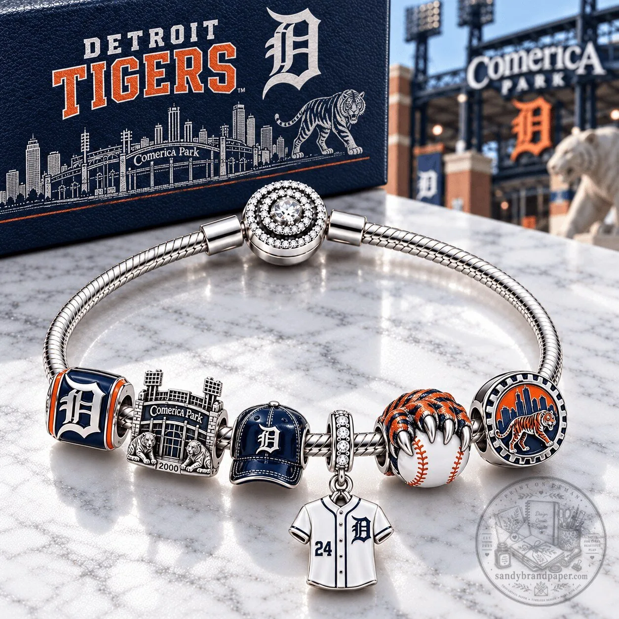 Detroit Tigers Baseball Team Charm Bracelet with Silver Plated Chain