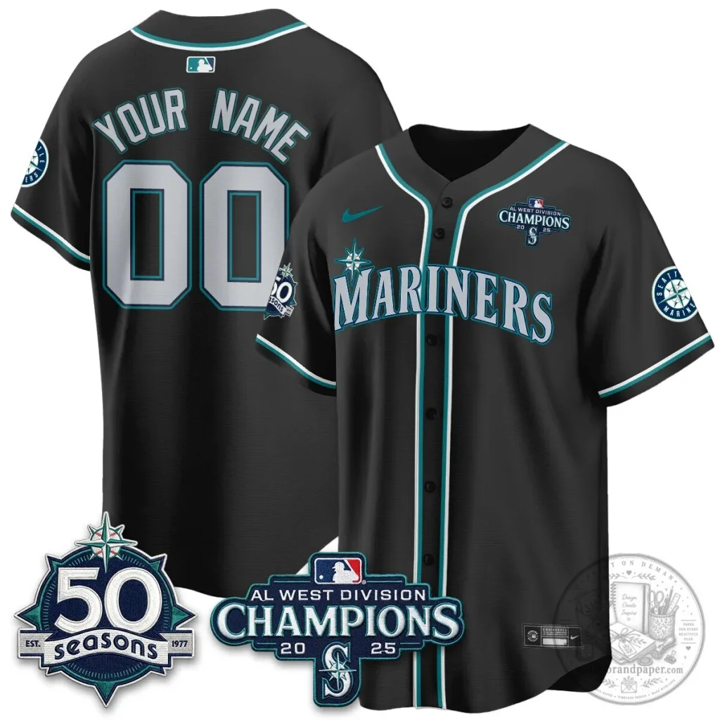 Seattle Mariners All Out Black 50th Anniversary AL West Champions Baseball Jersey Seattle Mariners All Out Black 50th Anniversary AL West Champions Baseball Jersey