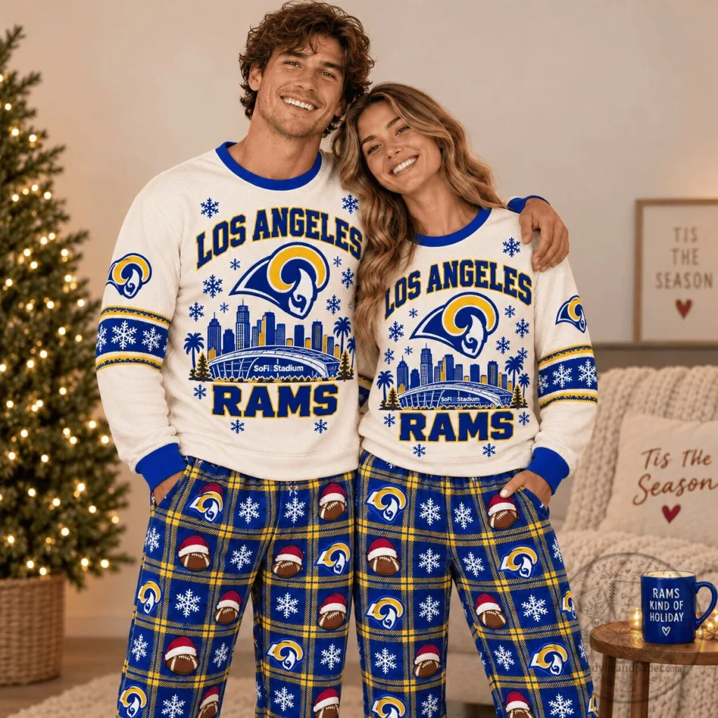 Los Angeles Rams Football Team Christmas Holiday Pajamas Set for Adults Los Angeles Rams Football Team Christmas Holiday Pajamas Set for Adults