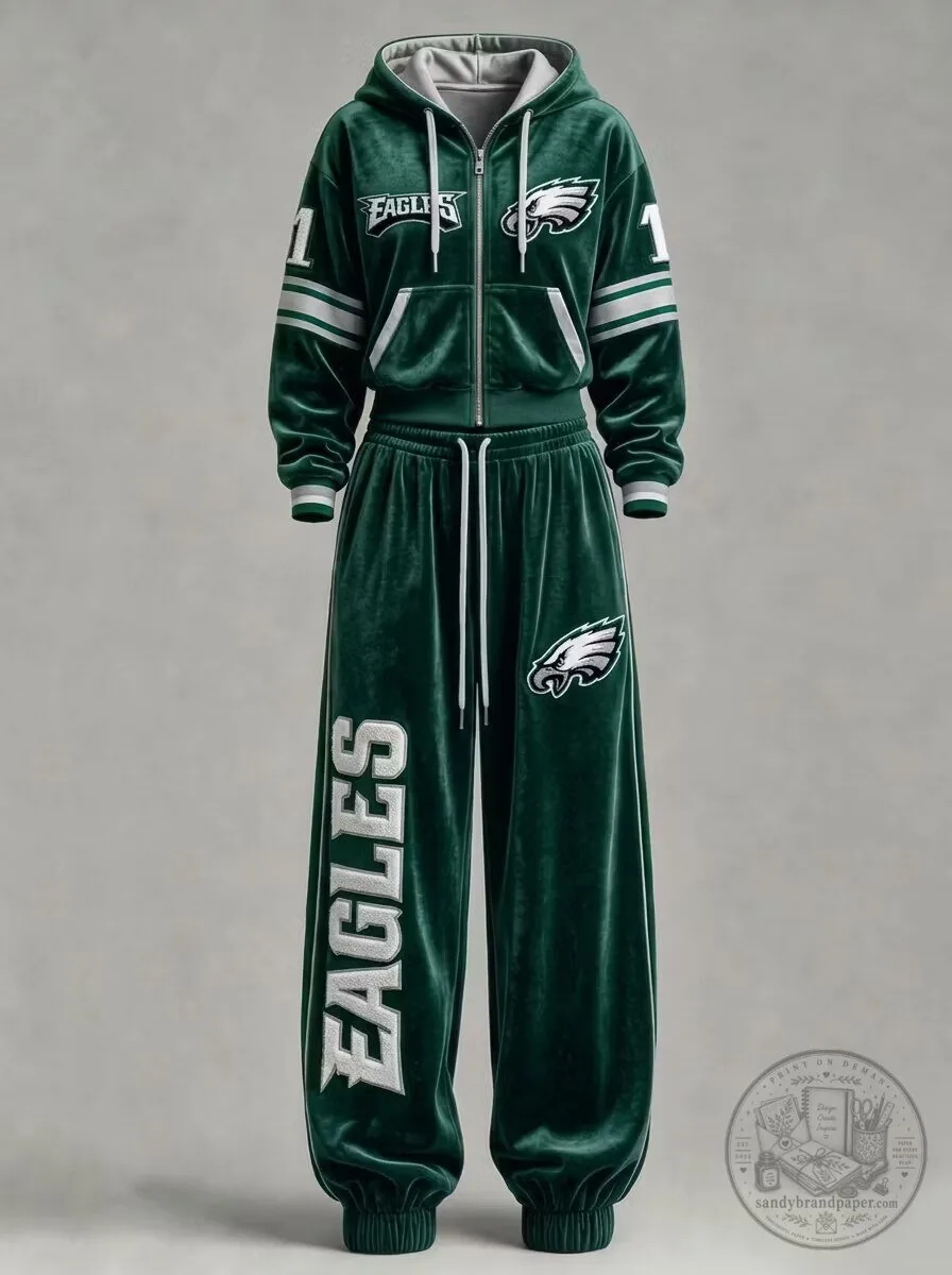 Philadelphia Eagles Velour Tracksuit Set with Cropped Hoodie and Joggers