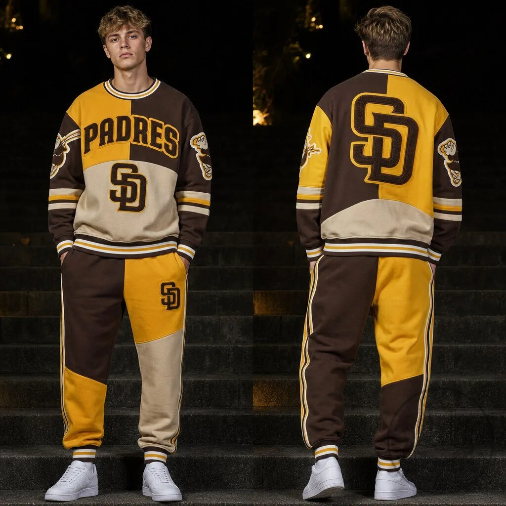 San Diego Padres Baseball Team Brown and Gold Crewneck Sweatshirt and Jogger Pants Set
