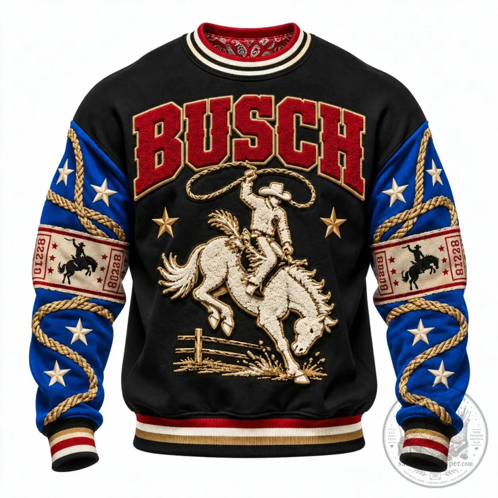 Busch Beer Rodeo Cowboy Western Style Long-Sleeve Sweatshirt Busch Beer Rodeo Cowboy Western Style Long-Sleeve Sweatshirt
