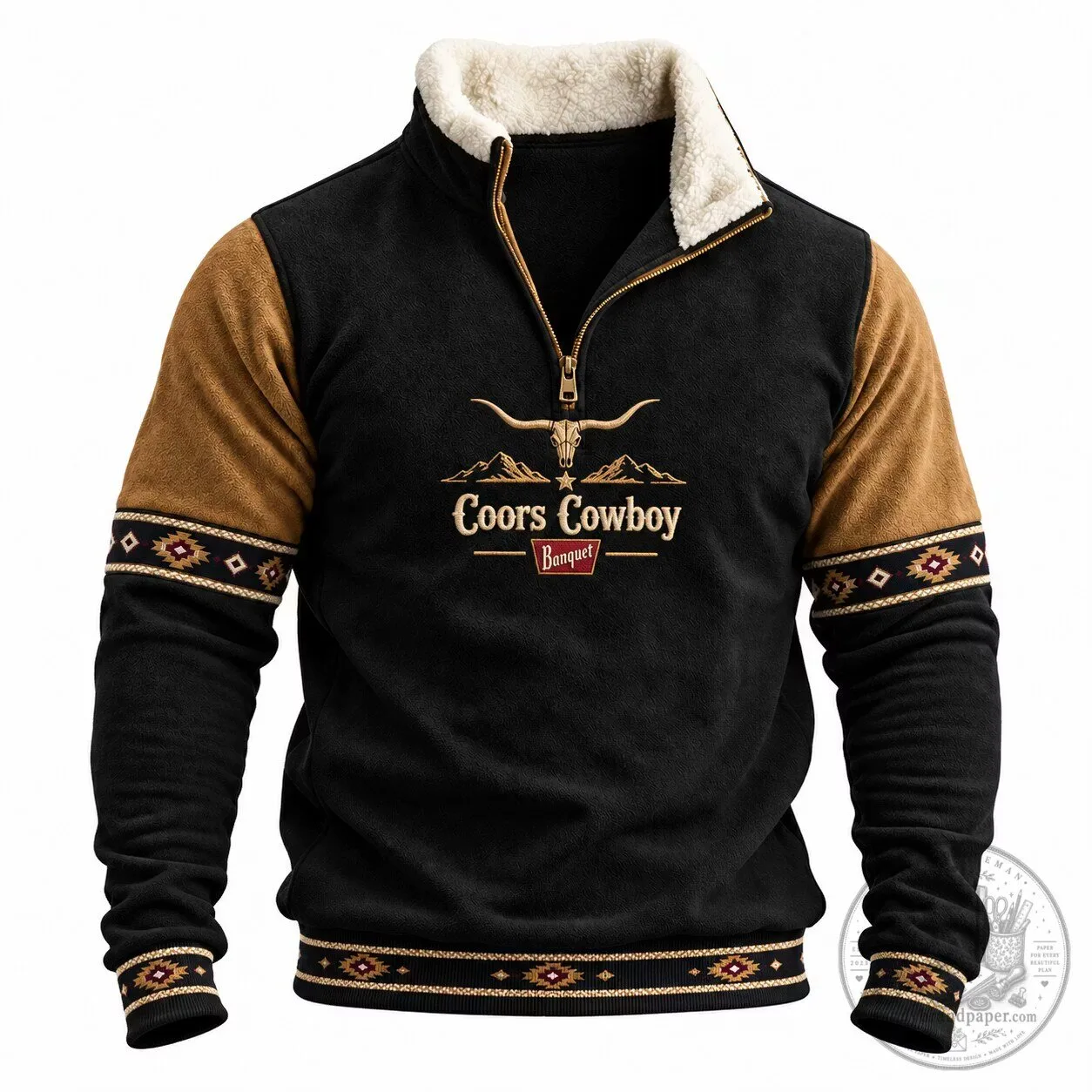 Coors Cowboy Banquet Beer Western Style Half-Zip Faux Fur Collar Sweatshirt