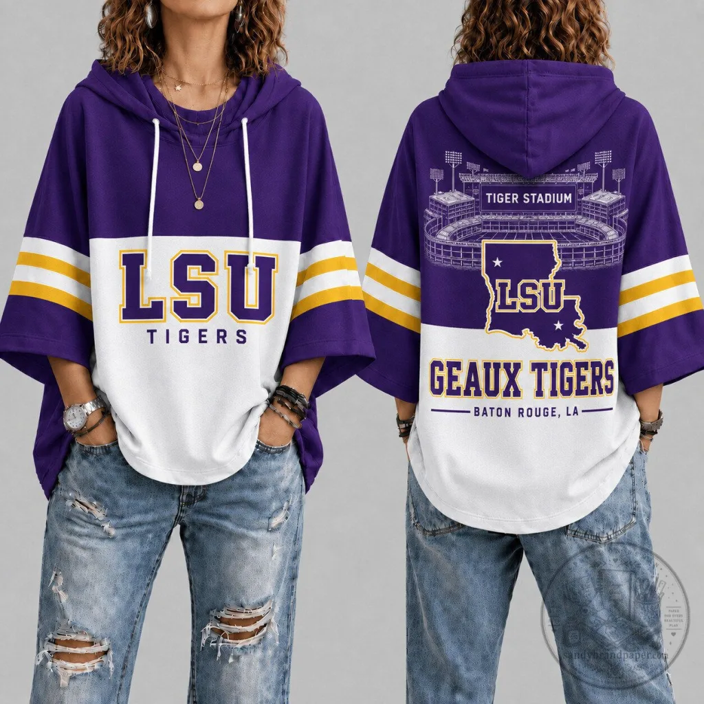 LSU Tigers Football Stadium Purple White Gold Striped Hooded Poncho Top LSU Tigers Football Stadium Purple White Gold Striped Hooded Poncho Top