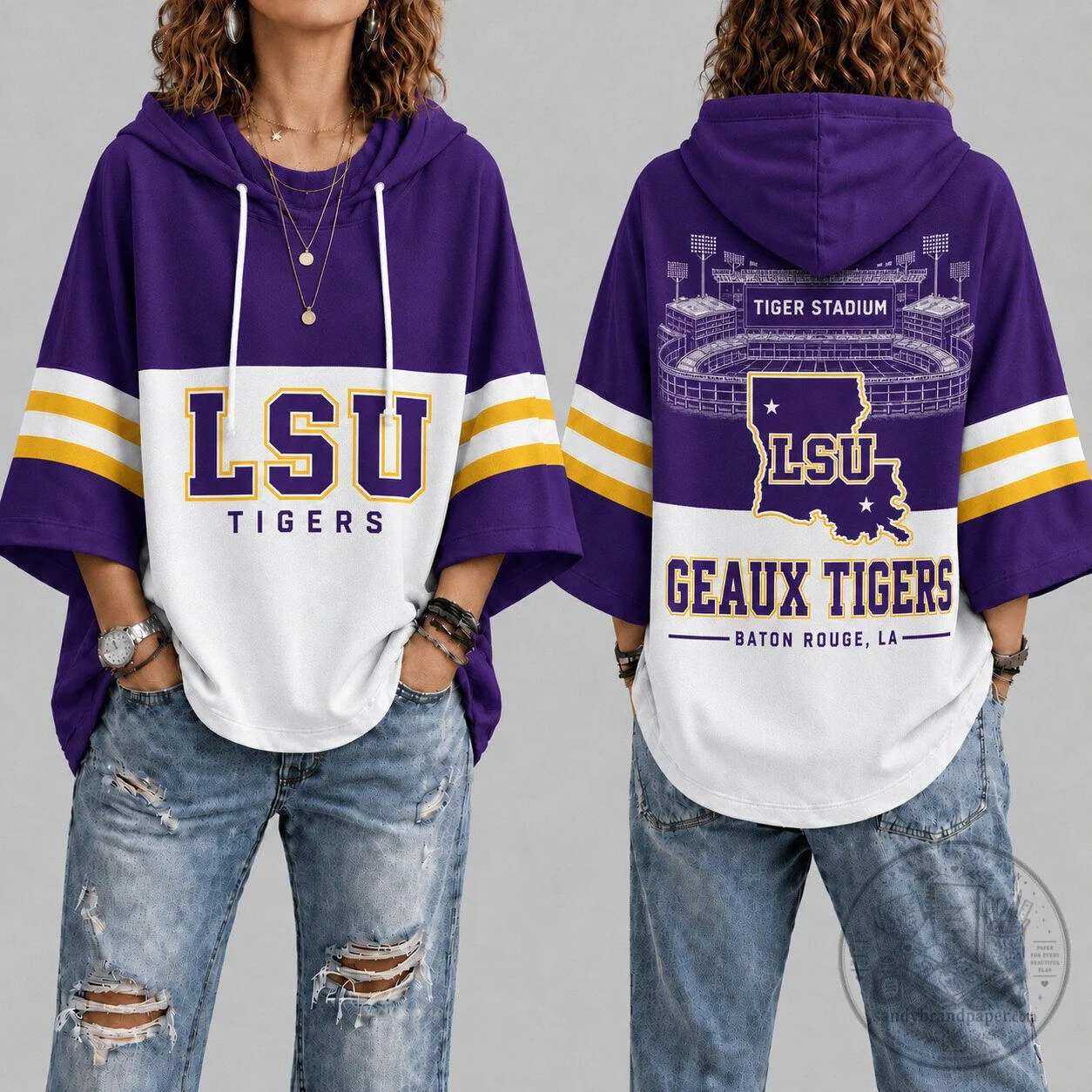 LSU Tigers Football Stadium Purple White Gold Striped Hooded Poncho Top