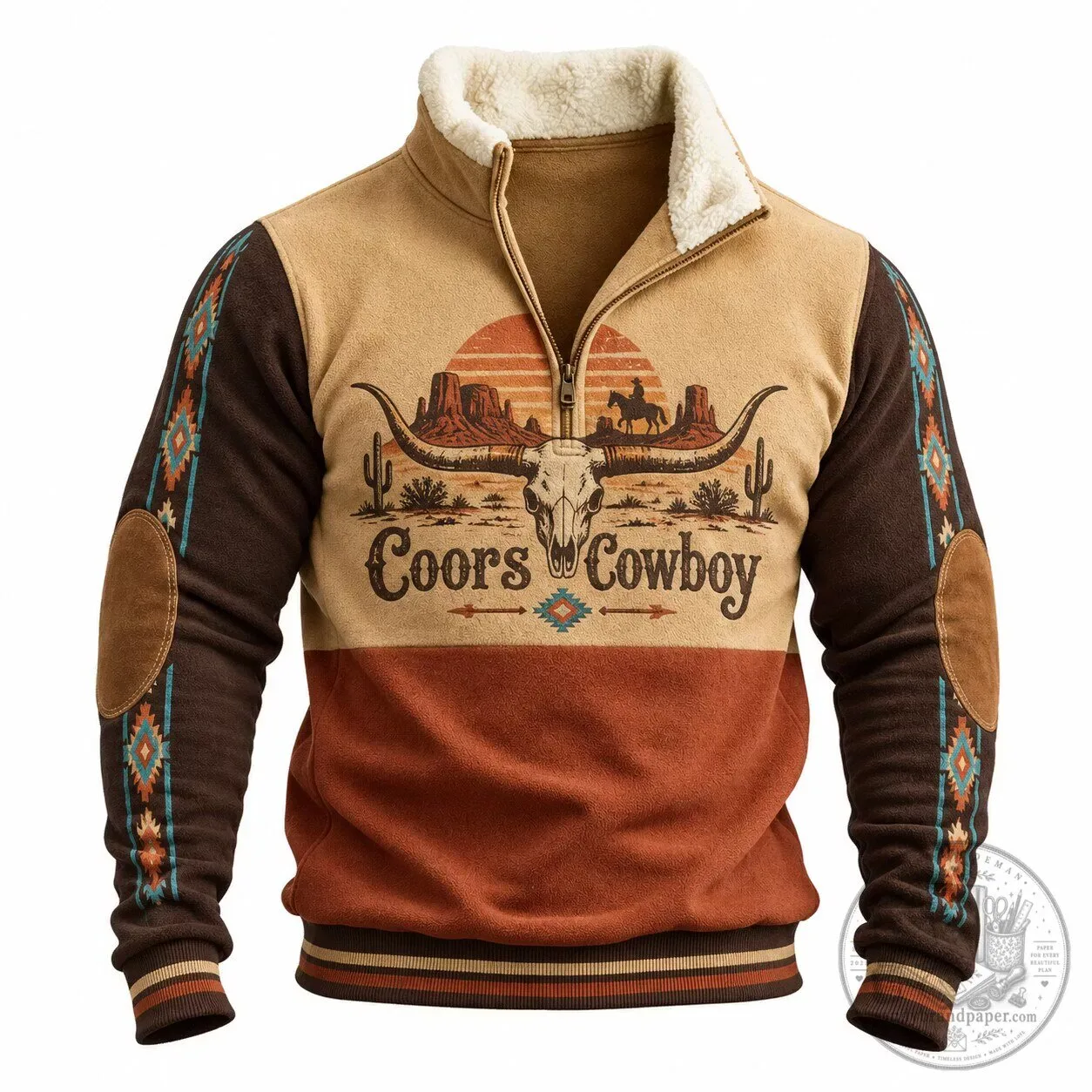 Coors Cowboy Western Style Half-Zip Faux Fur Trimmed Long Sleeve Sweatshirt