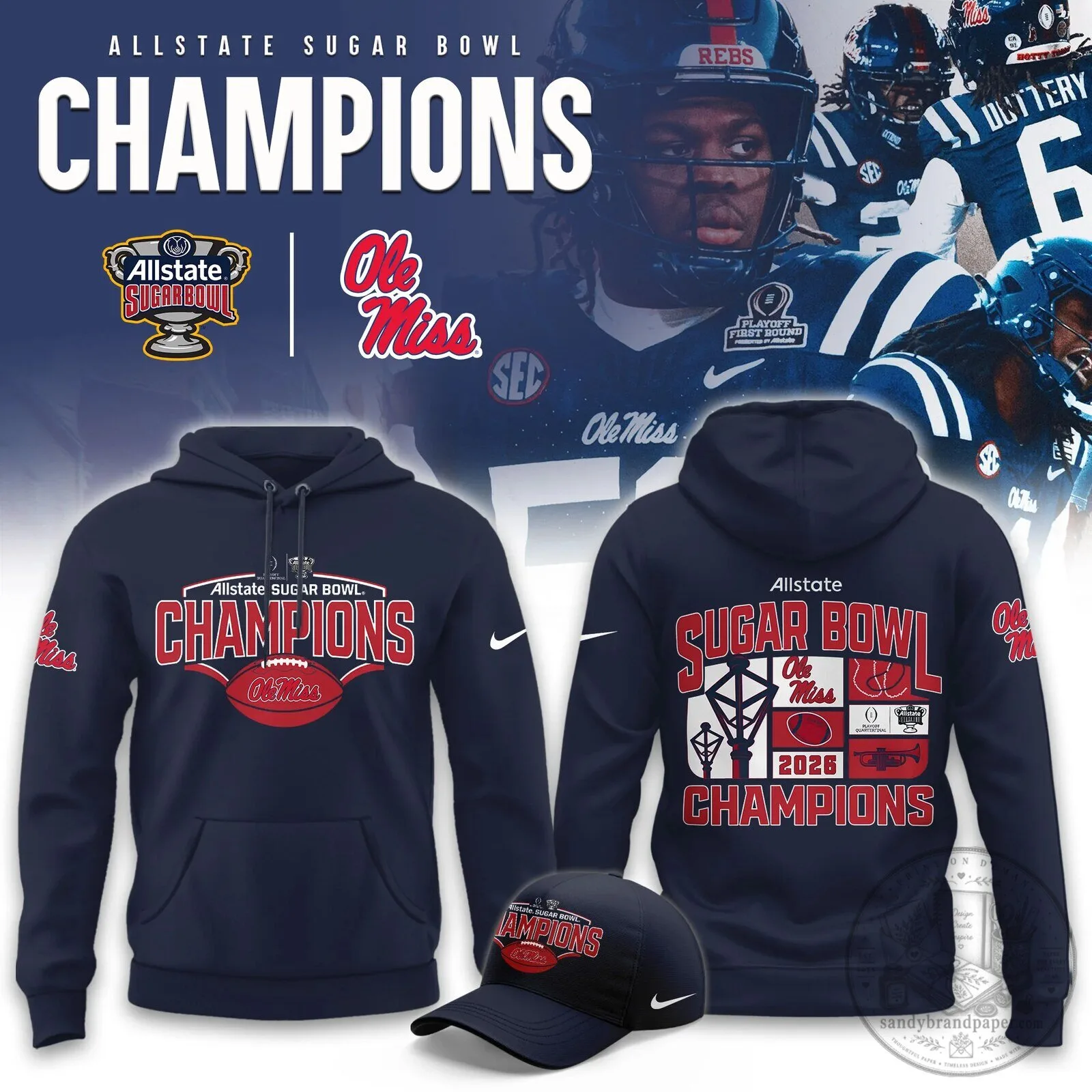 Ole Miss Rebels 2026 Allstate Sugar Bowl Champions Navy Hoodie