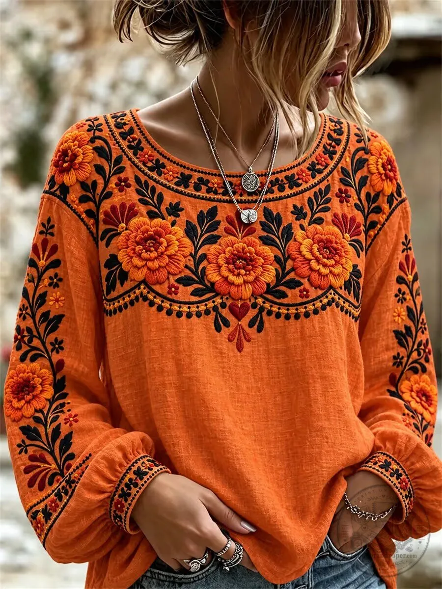 Women's Embroidered Floral Day of the Dead Long-Sleeve Top