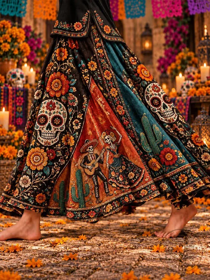 Day of the Dead Sugar Skull Folk Art Floral Print Women's Skirt