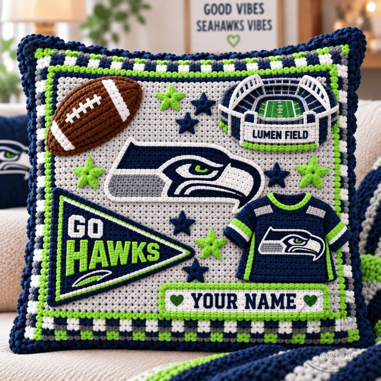 Seattle Seahawks Football Team Stadium Logo Custom Name Decorative Pillow