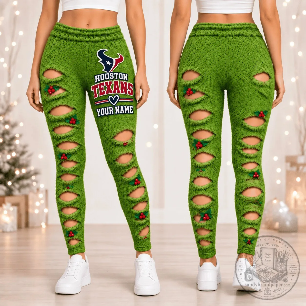 Houston Texans NFL Green Grinch Style Distressed Christmas Leggings