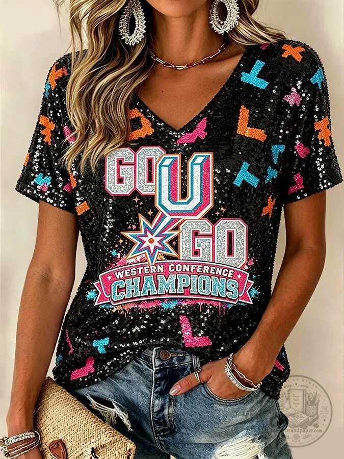 Spurs Basketball Western Conference Champions Sequin V-Neck T-Shirt