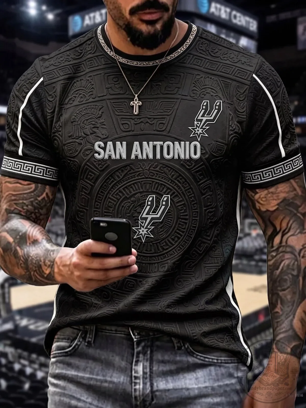 San Antonio Spurs Basketball Team Logo Black Embossed T-Shirt for Men