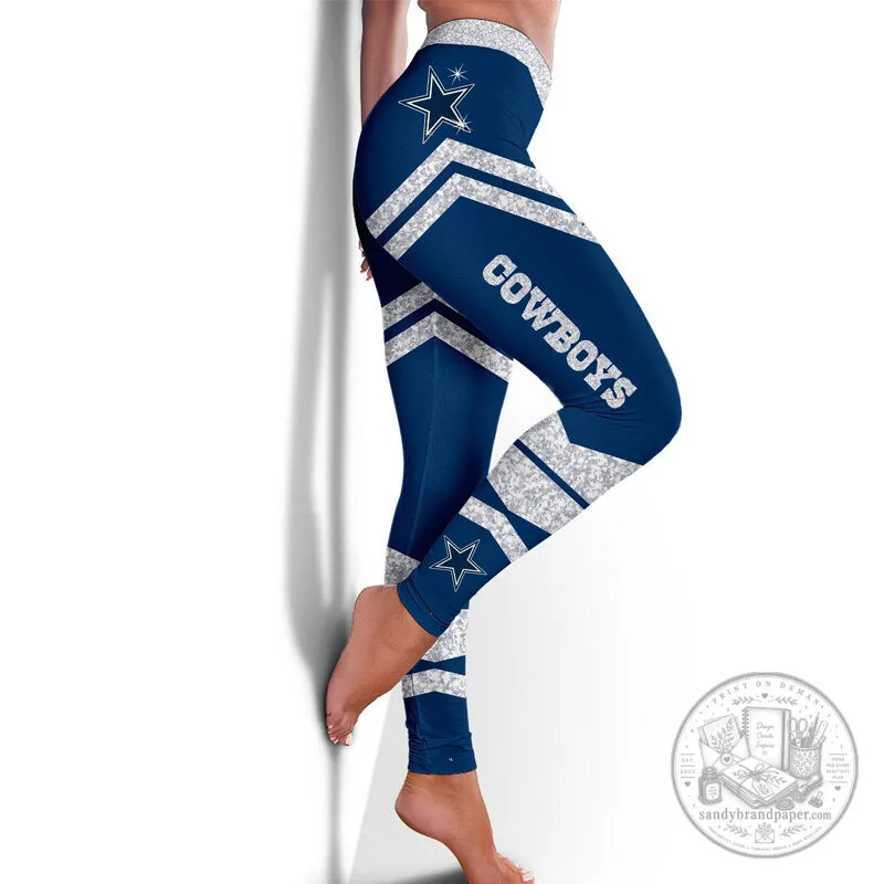 Dallas Cowboys Football Team Logo Dark Blue and Silver Striped Leggings