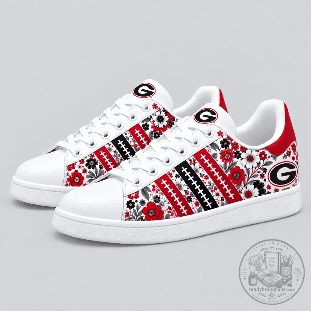 Georgia Bulldogs Floral Football Pattern White and Red Sneakers Georgia Bulldogs Floral Football Pattern White and Red Sneakers