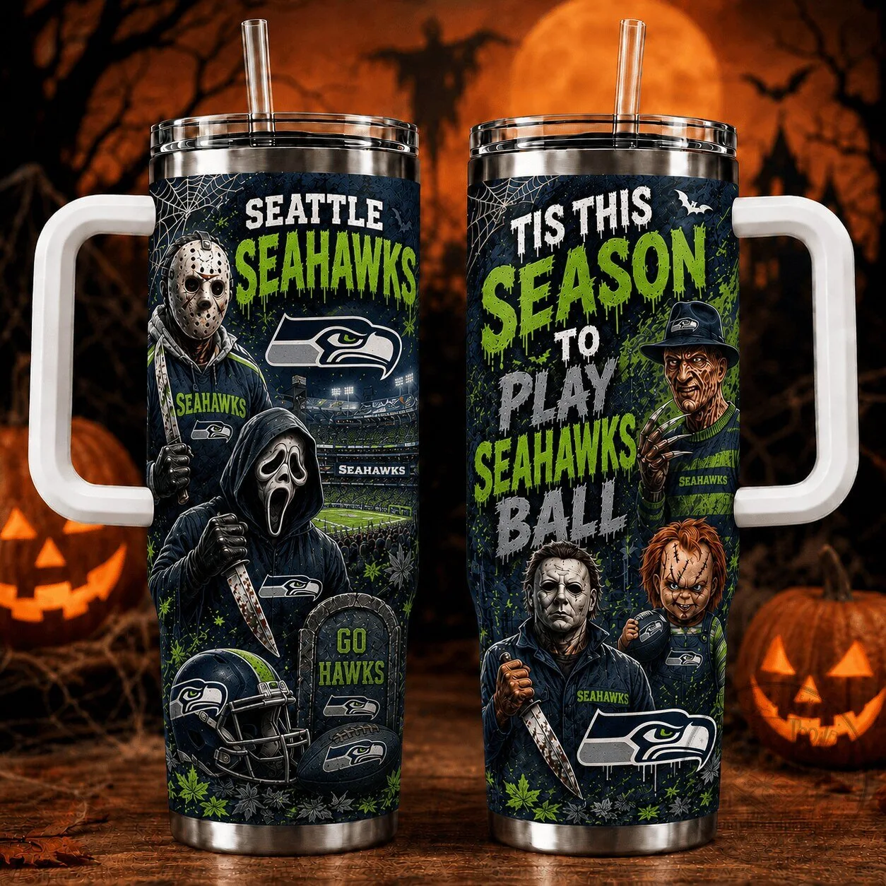 Seattle Seahawks Halloween Horror Movie Characters Football Tumbler