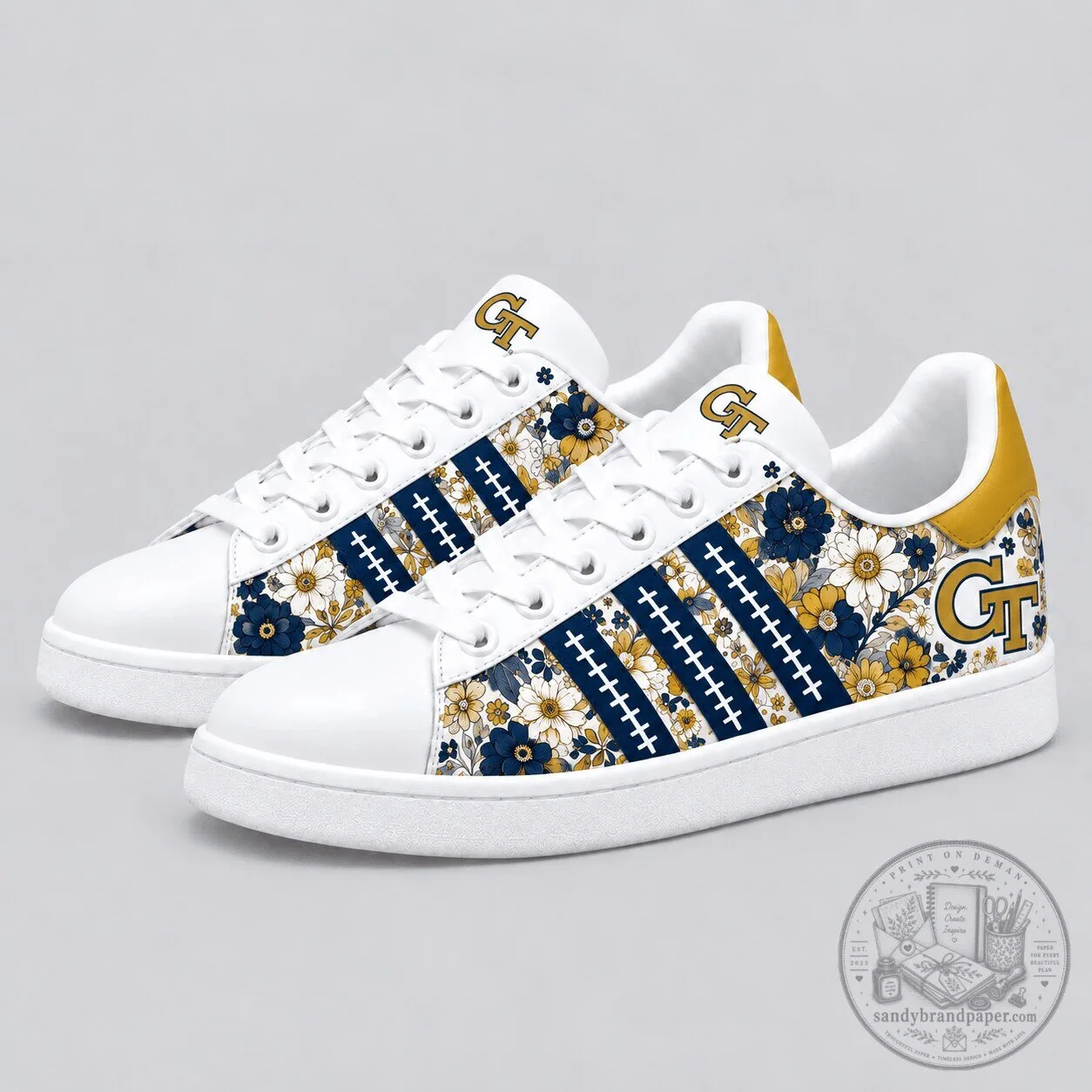 White Athletic Shoes with Floral Pattern for Georgia Tech Yellow Jackets Fans