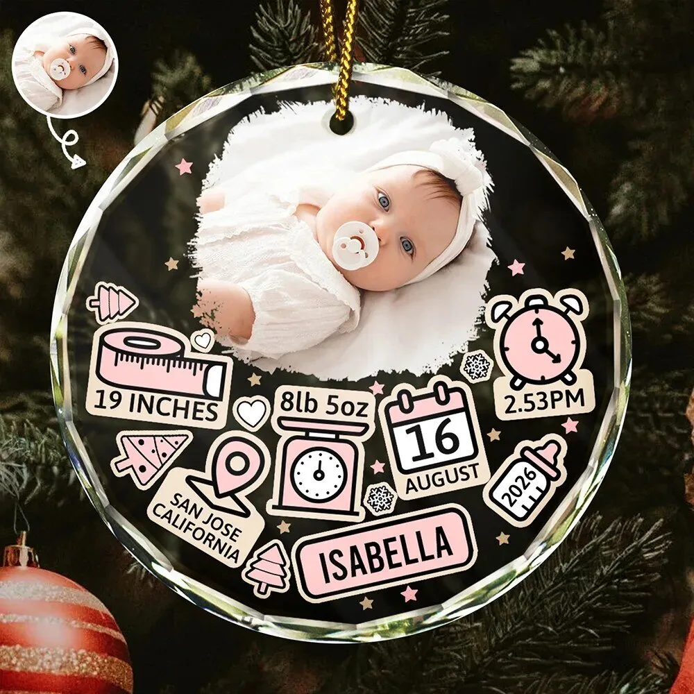 Baby Girl First Christmas Personalized Round Glass Ornament