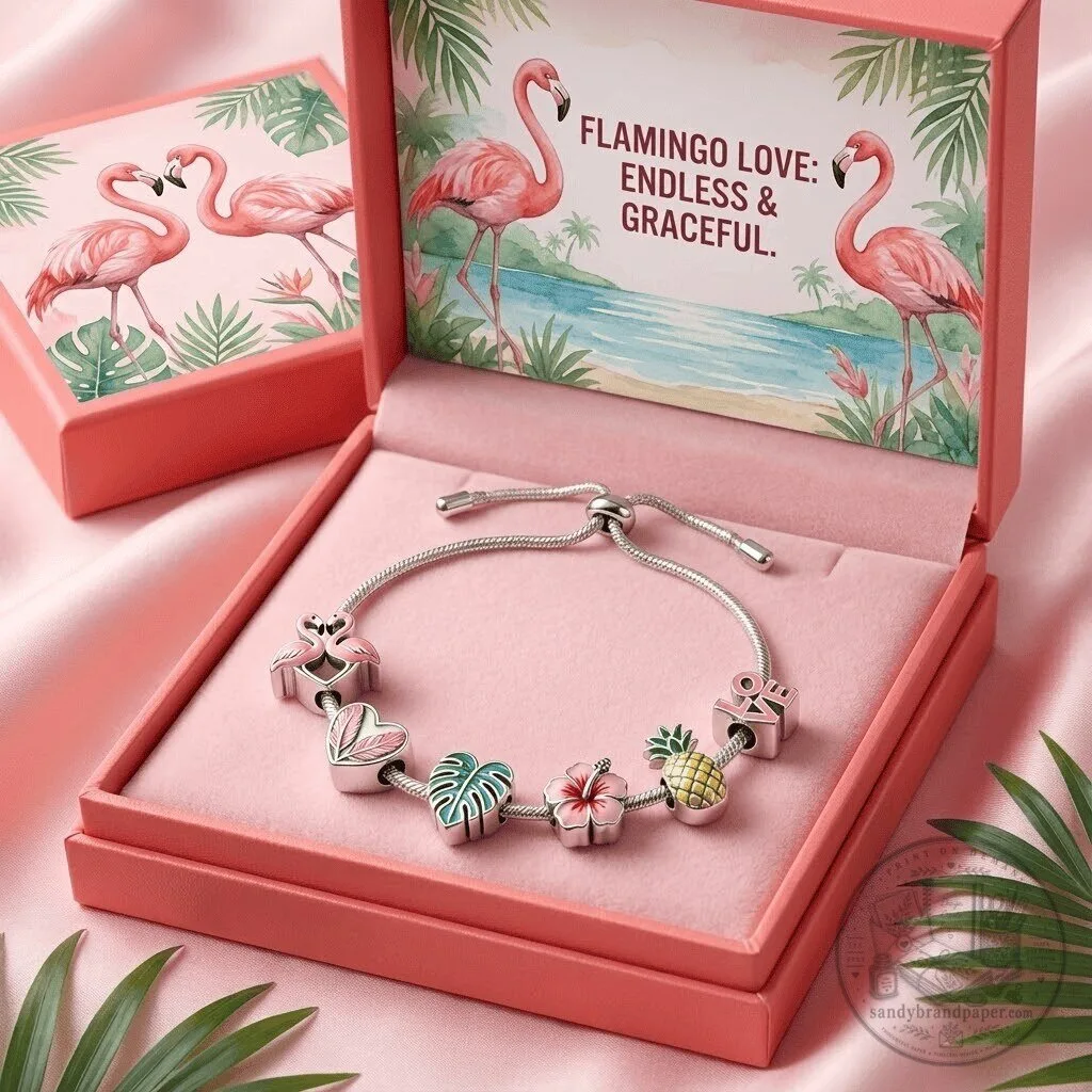 Flamingo Charm Bracelet with Tropical Pineapple and Hibiscus Flower Charms
