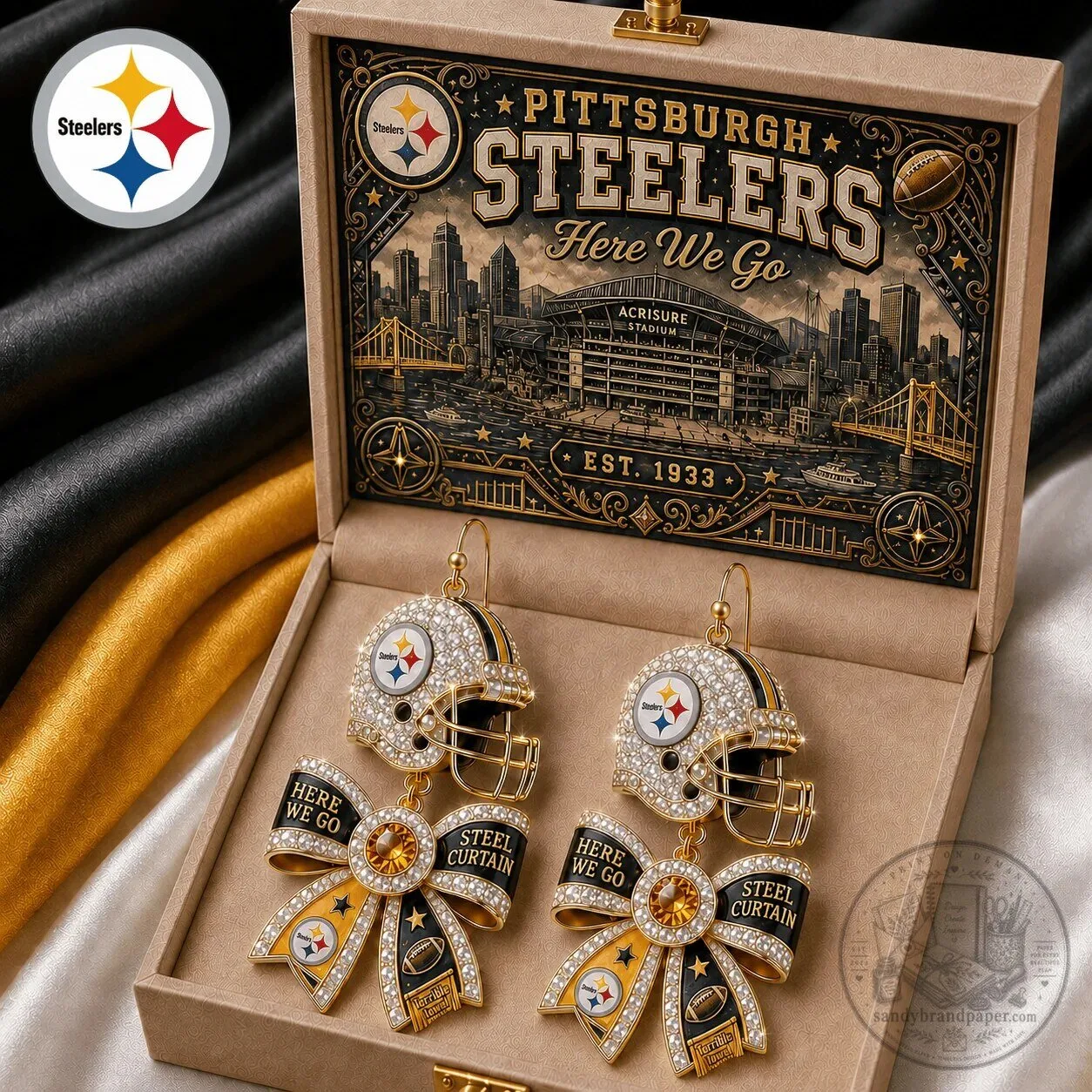 Dangle Earrings with Bow Featuring Pittsburgh Steelers Football Helmet Design