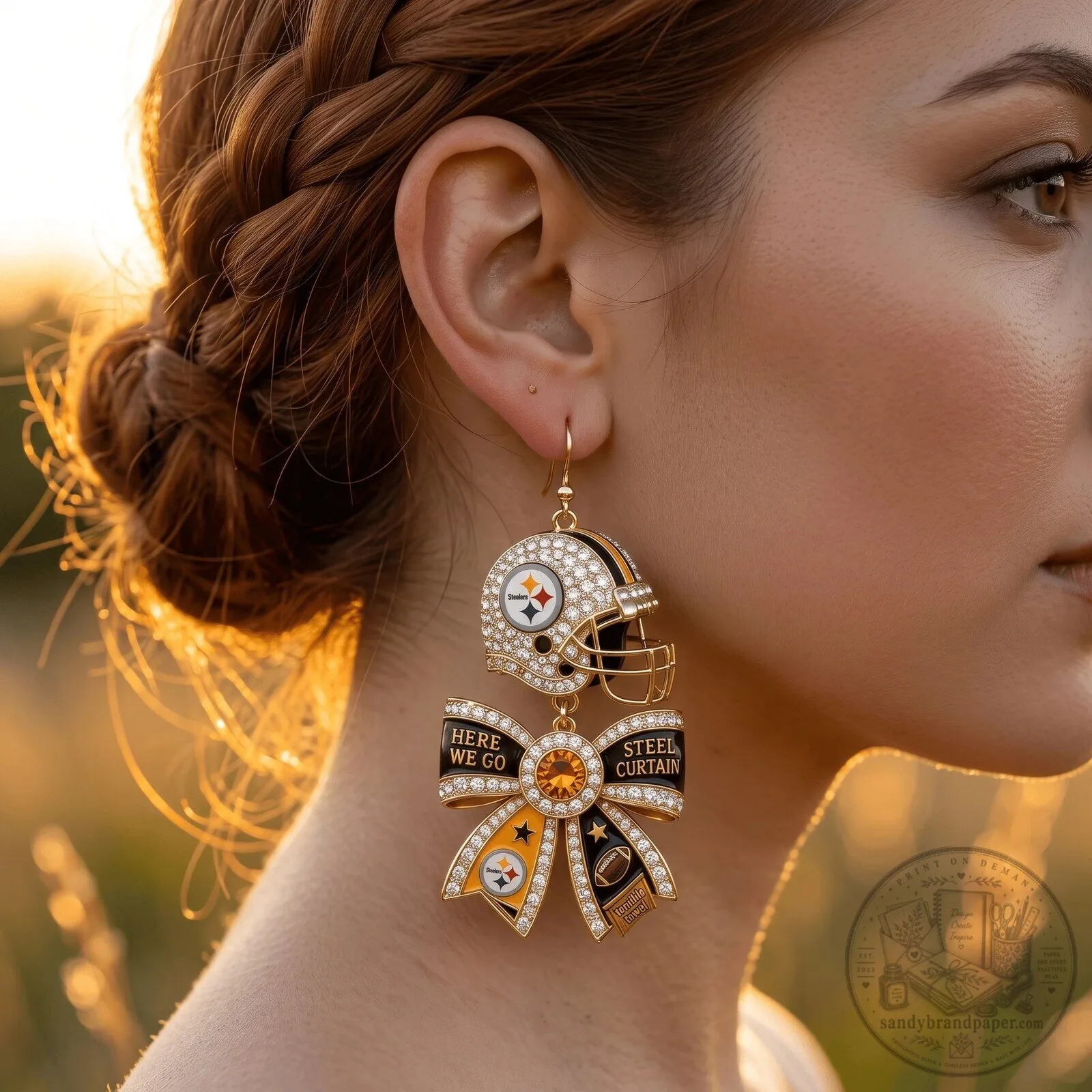 Dangle Earrings with Bow Featuring Pittsburgh Steelers Football Helmet Design 4 Dangle Earrings with Bow Featuring Pittsburgh Steelers Football Helmet Design