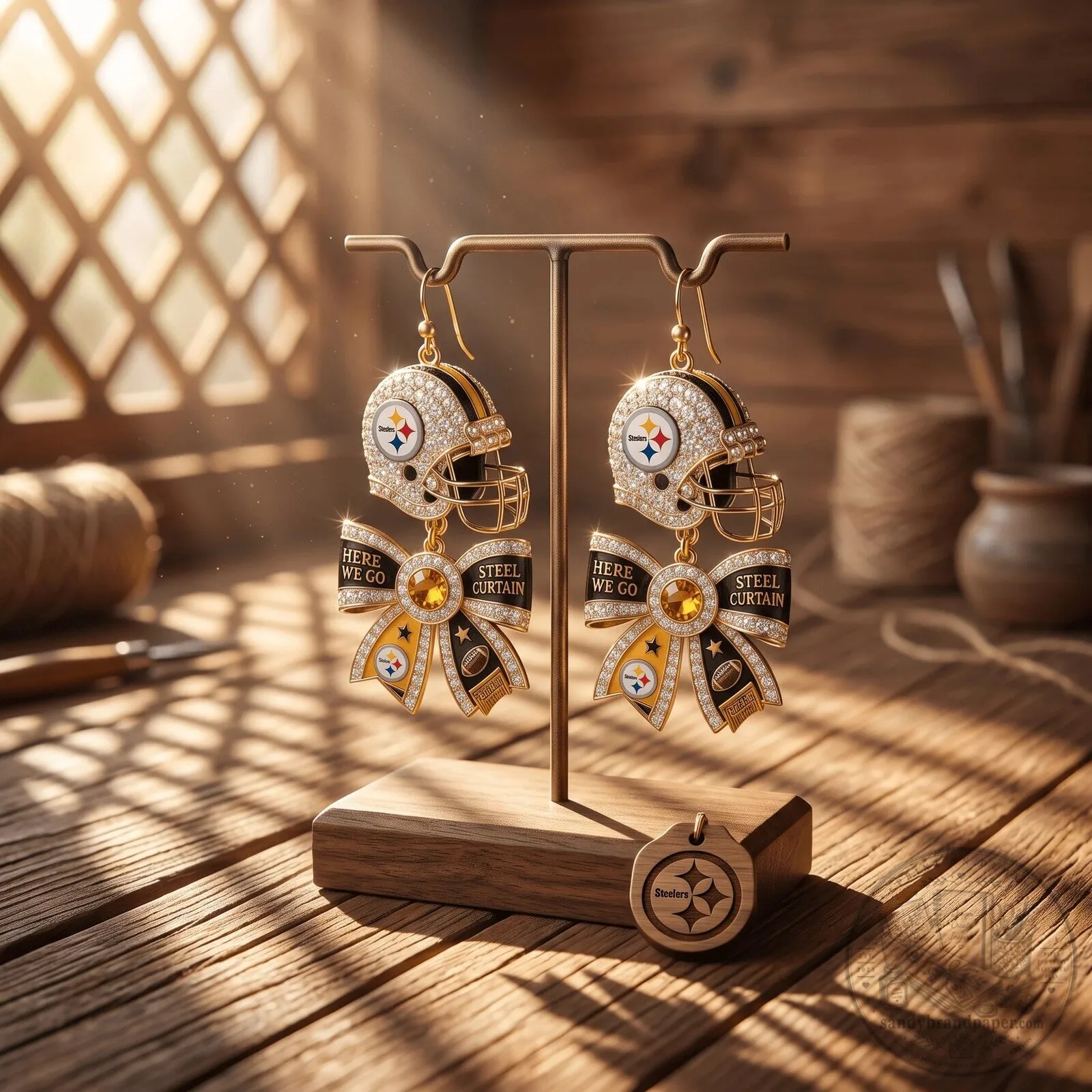 Dangle Earrings with Bow Featuring Pittsburgh Steelers Football Helmet Design 5 Dangle Earrings with Bow Featuring Pittsburgh Steelers Football Helmet Design