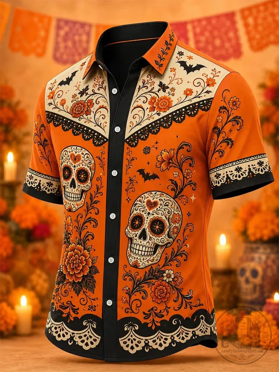Men's Day of the Dead Print Collared Shirt 1 Men