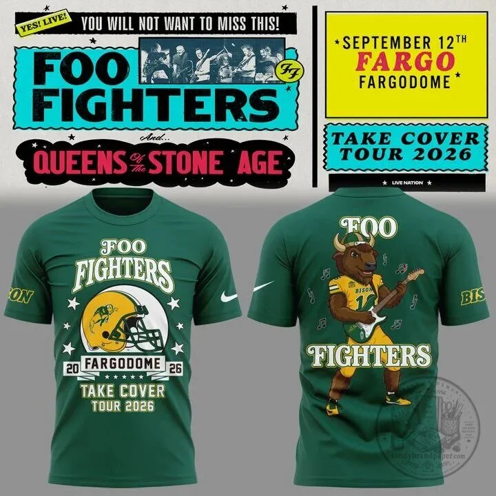 Foo Fighters NDSU Football Take Cover Tour 2026 Fargo T-Shirt 3 Foo Fighters NDSU Football Take Cover Tour 2026 Fargo T-Shirt