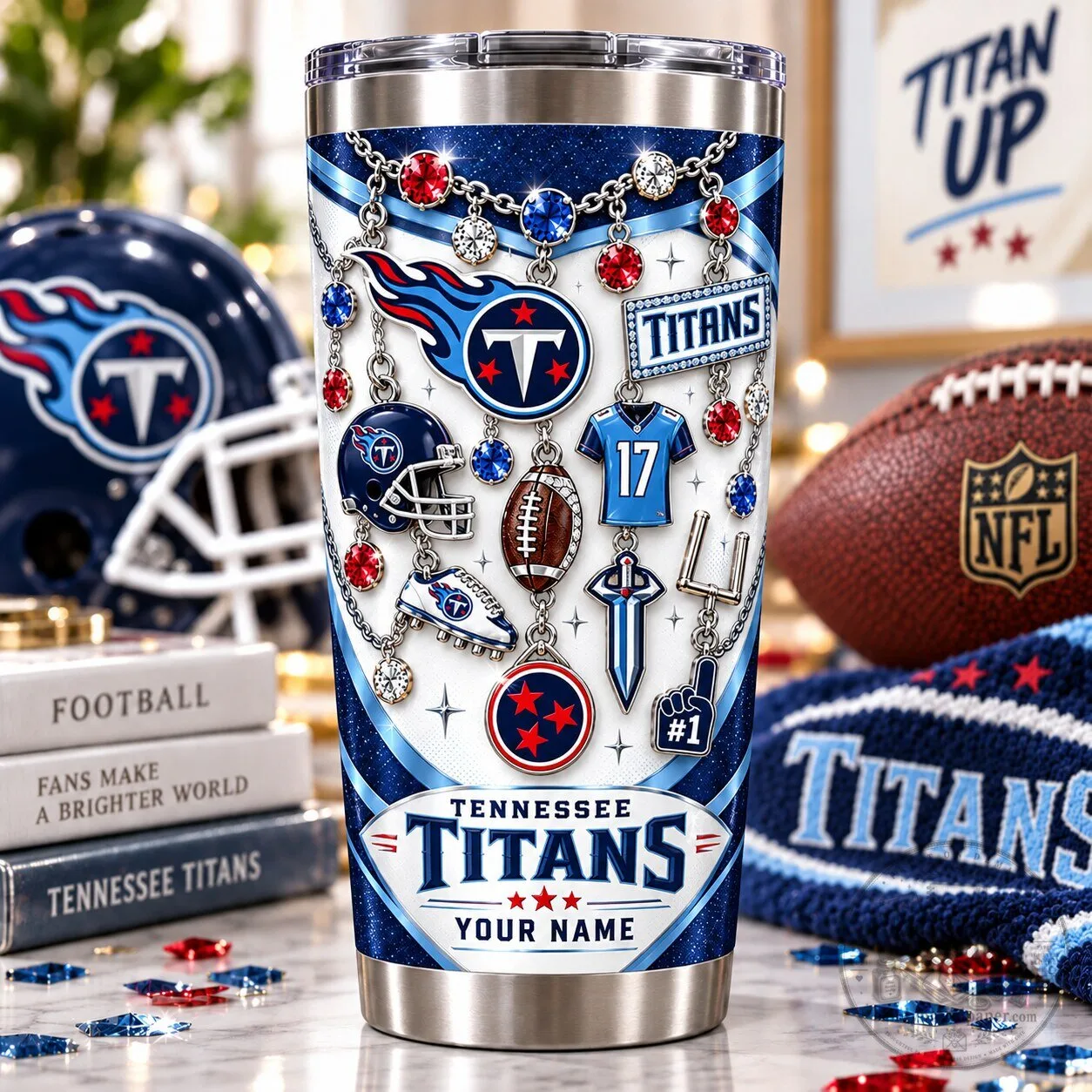 Tennessee Titans Football Team Personalized Sparkle Stainless Steel Tumbler