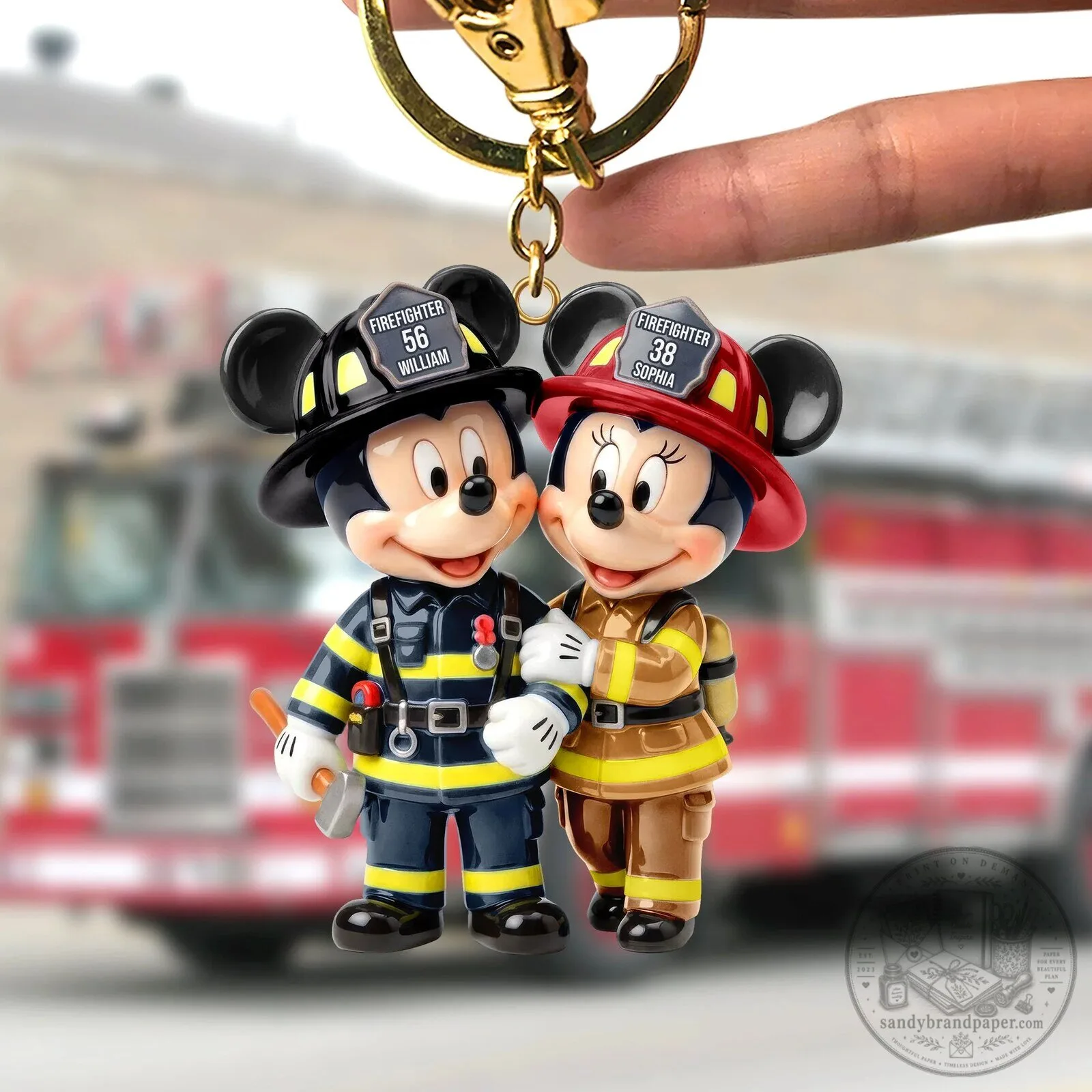 Mickey and Minnie Mouse Firefighter Couple Keychain, Personalized Disney Fireman Gift