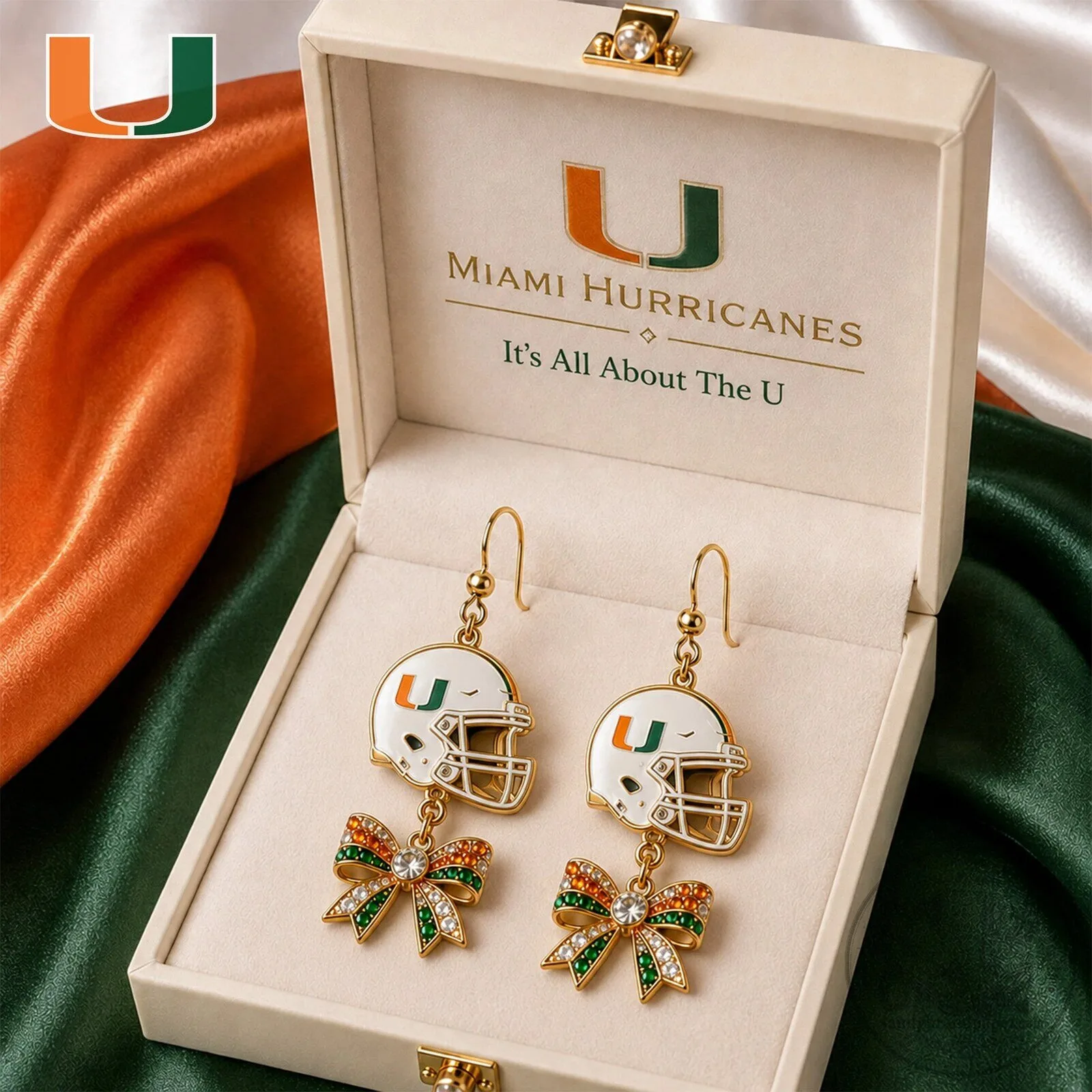 Dangle Earrings with Bow Charm Featuring Miami Hurricanes Football Helmet