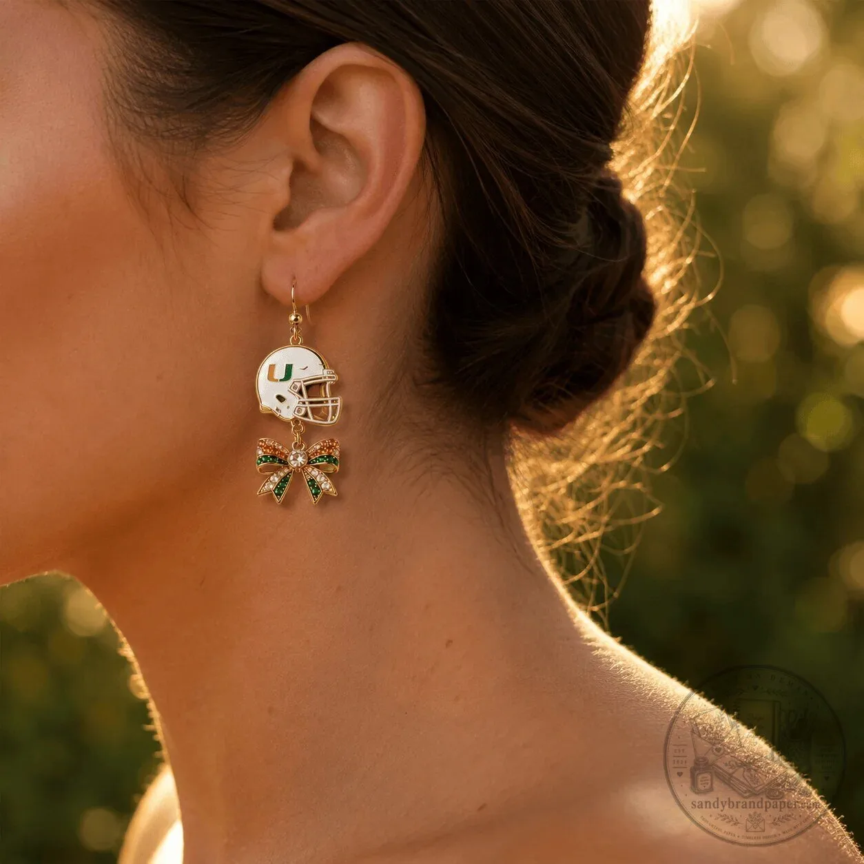 Dangle Earrings with Bow Charm Featuring Miami Hurricanes Football Helmet 4 Dangle Earrings with Bow Charm Featuring Miami Hurricanes Football Helmet