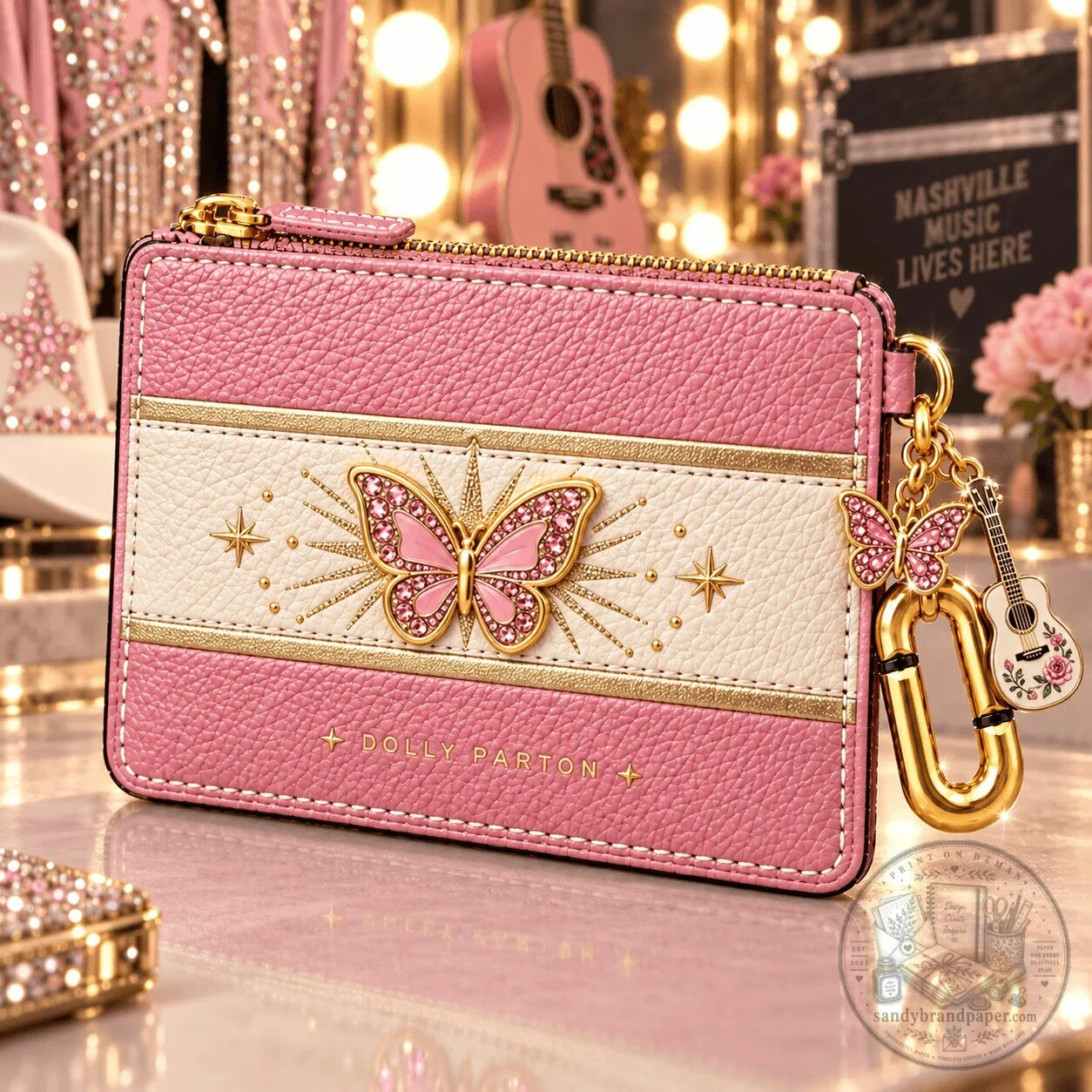 Dolly Parton Pink Butterfly Gold Embellished Leather Card Holder Wallet